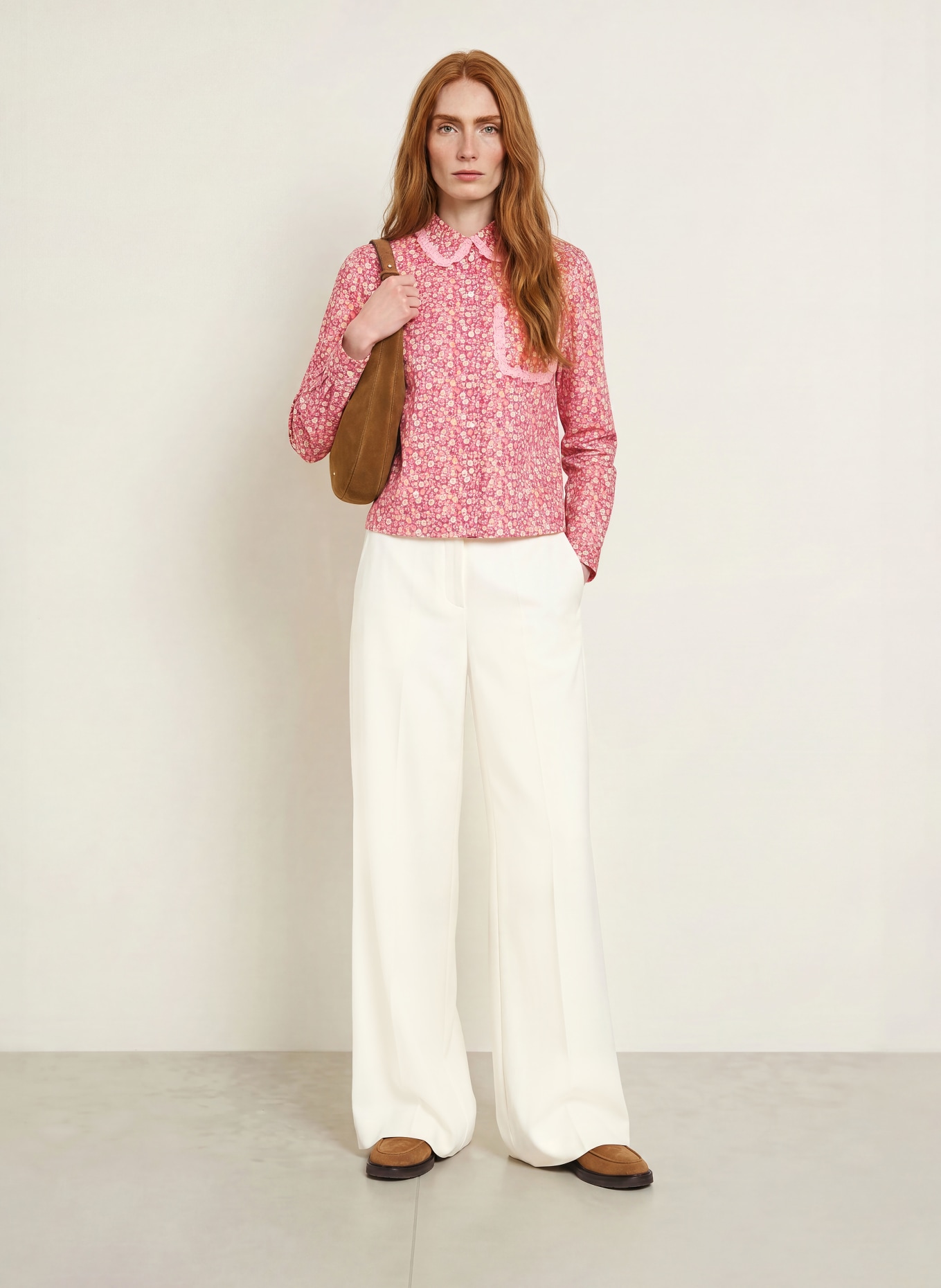 TONNO & PANNA Ruffled shirt blouse: PINK / CREAM / DARK PURPLE