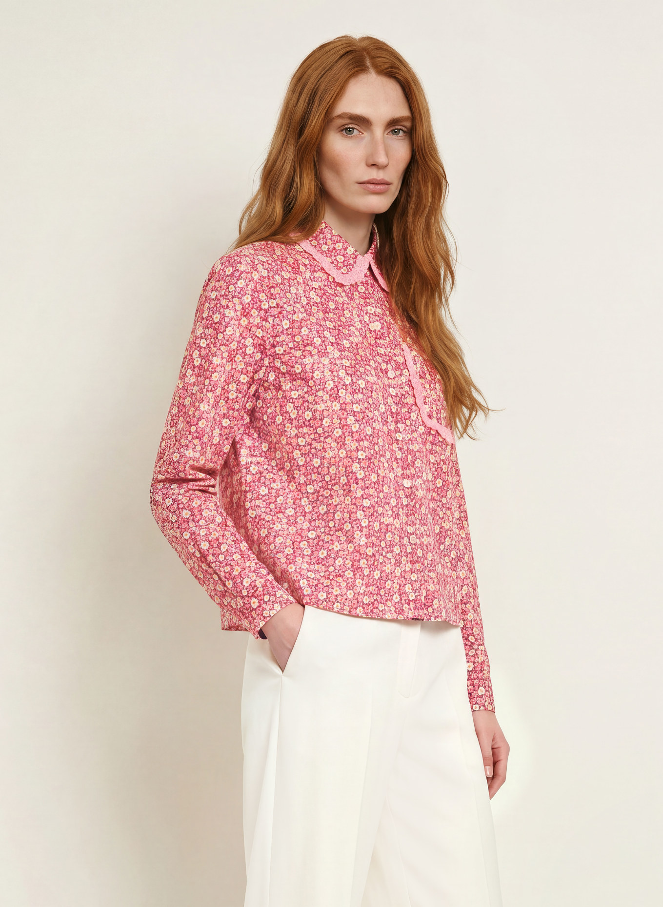 TONNO & PANNA Ruffled shirt blouse: PINK / CREAM / DARK PURPLE