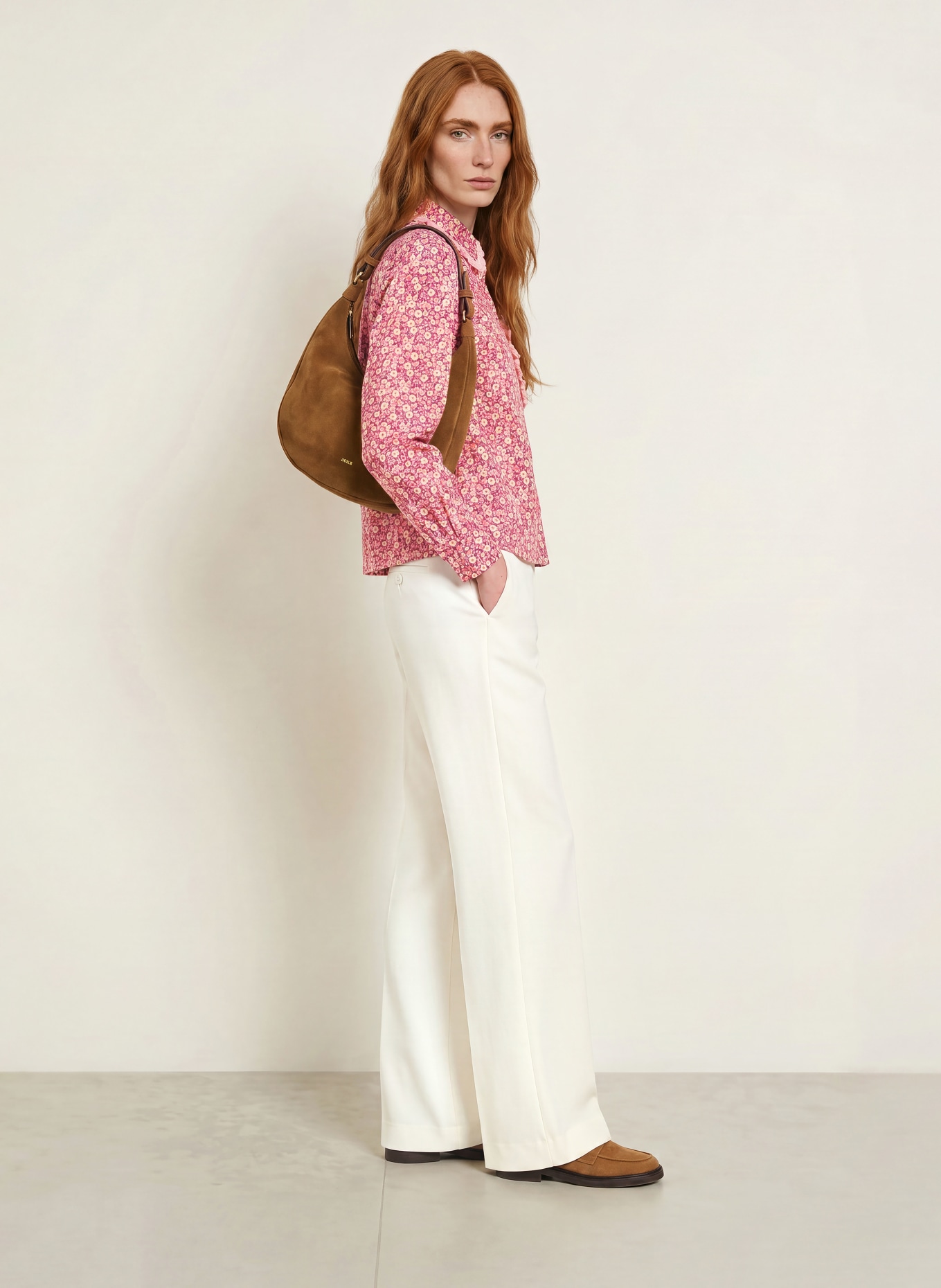 TONNO & PANNA Ruffled shirt blouse: PINK / CREAM / DARK PURPLE