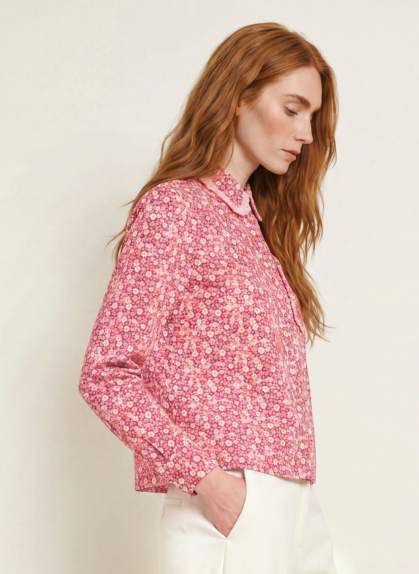 TONNO & PANNA Ruffled shirt blouse: PINK / CREAM / DARK PURPLE
