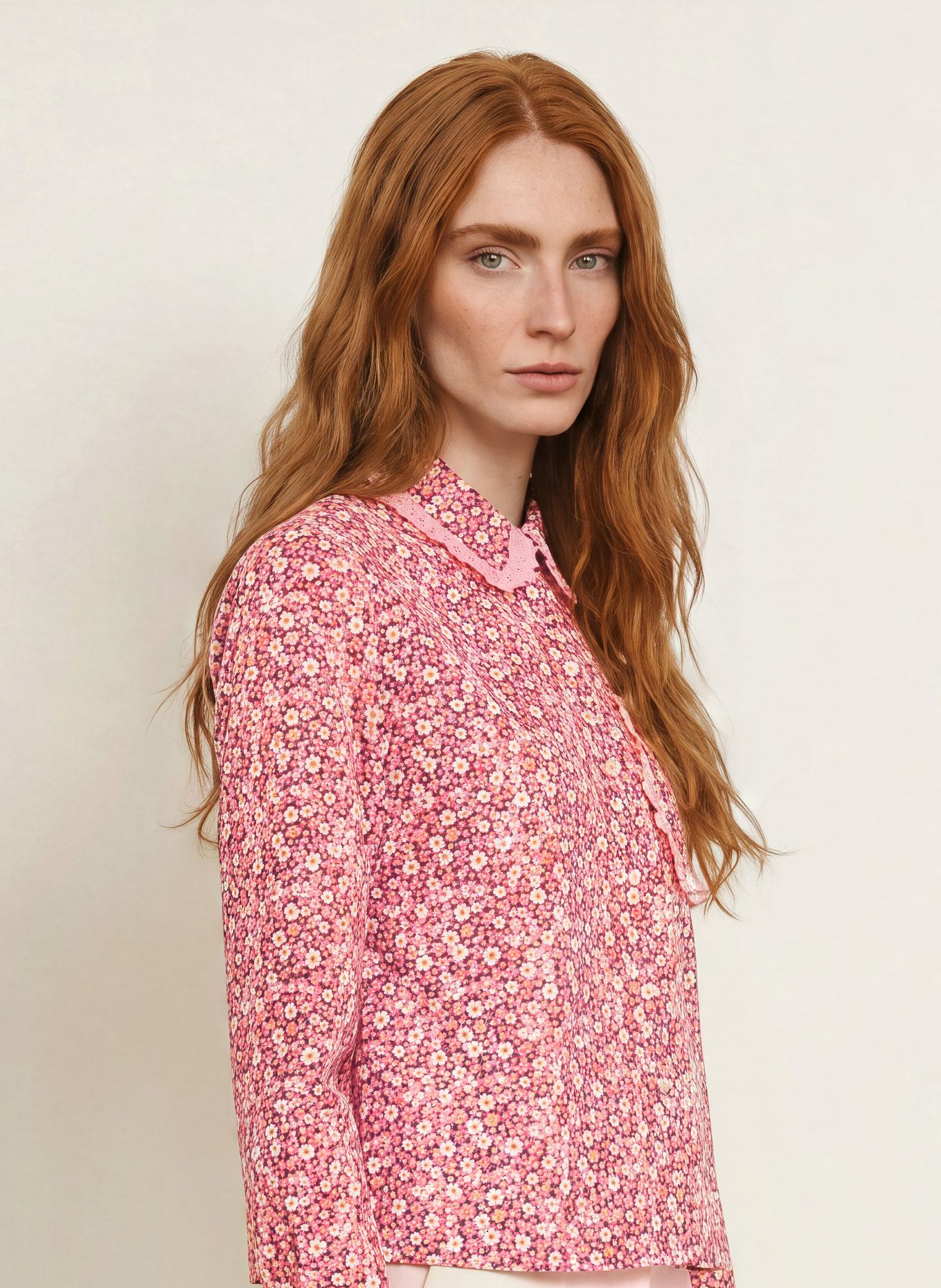 TONNO & PANNA Ruffled shirt blouse: PINK / CREAM / DARK PURPLE