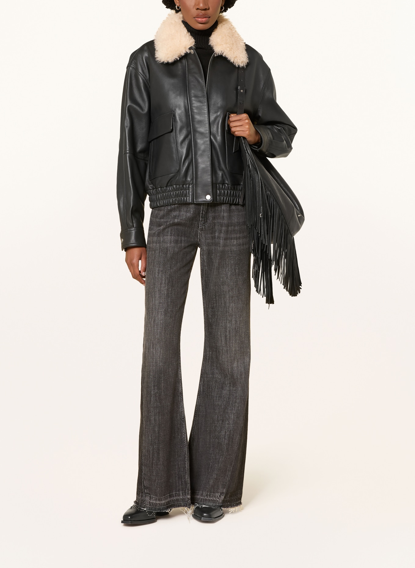 MRS & HUGS Leather jacket with removable faux fur: BLACK