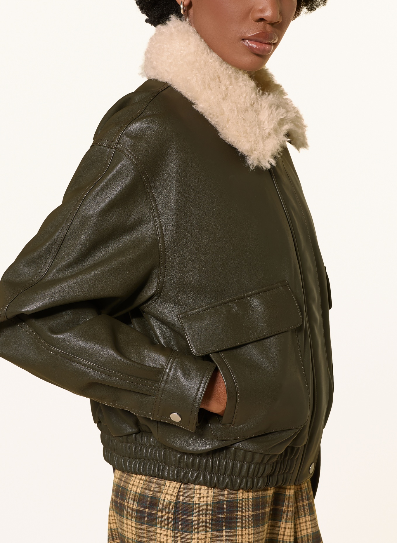 MRS & HUGS Leather jacket with removable faux fur: DARK GREEN