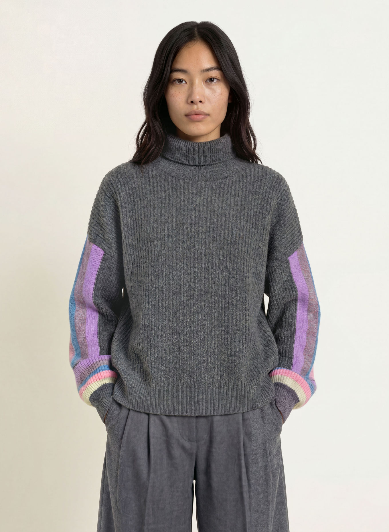 ELIAS RUMELIS Pull à col roulé ANILA: GRIS / LILAS CLAIR / BLEU CLAIR