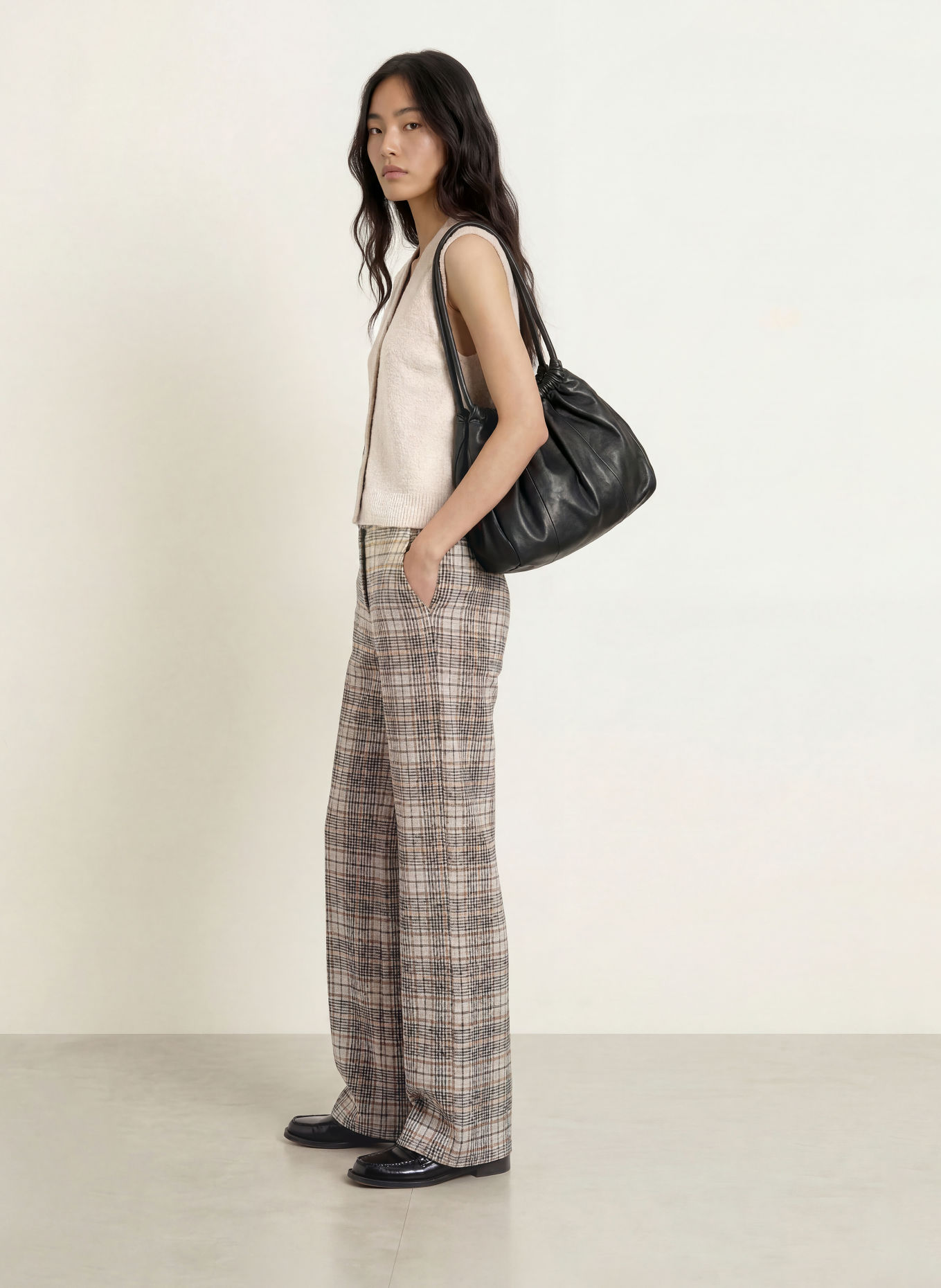 YERSE HARRIET wide-leg trousers: BEIGE / COGNAC / BLACK