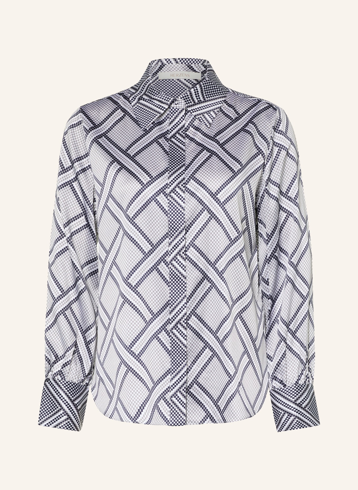 HERZENS Overhemdblouse met zijde: WIT / GRIJS / DONKERBLAUW