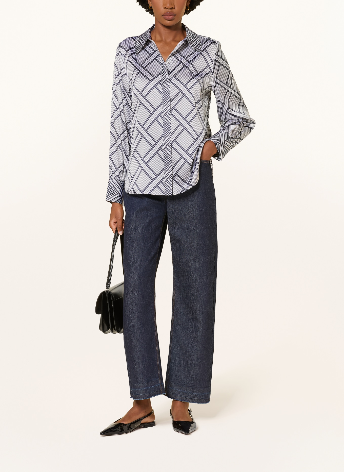HERZENS Overhemdblouse met zijde: WIT / GRIJS / DONKERBLAUW