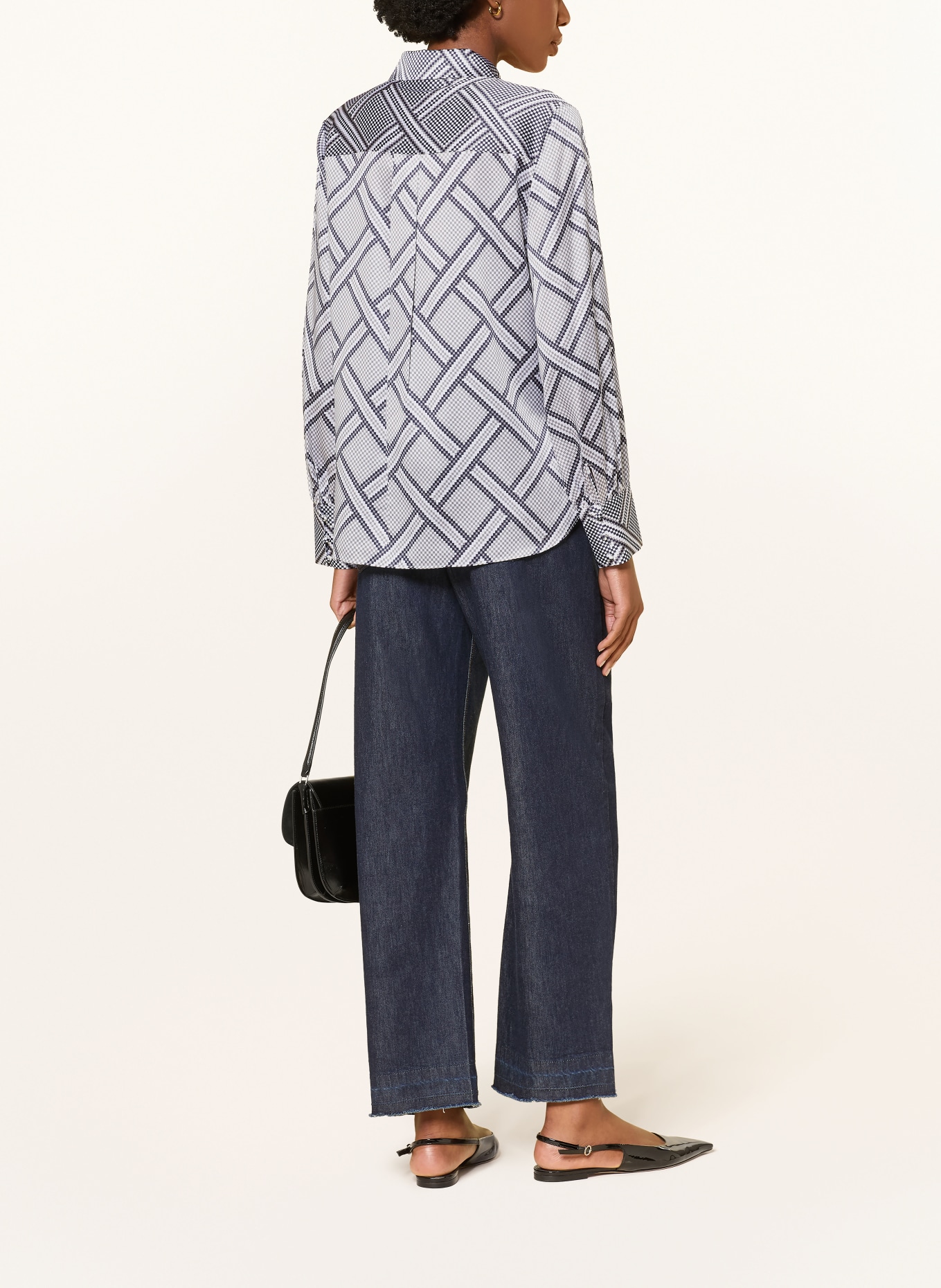 HERZENS Overhemdblouse met zijde: WIT / GRIJS / DONKERBLAUW