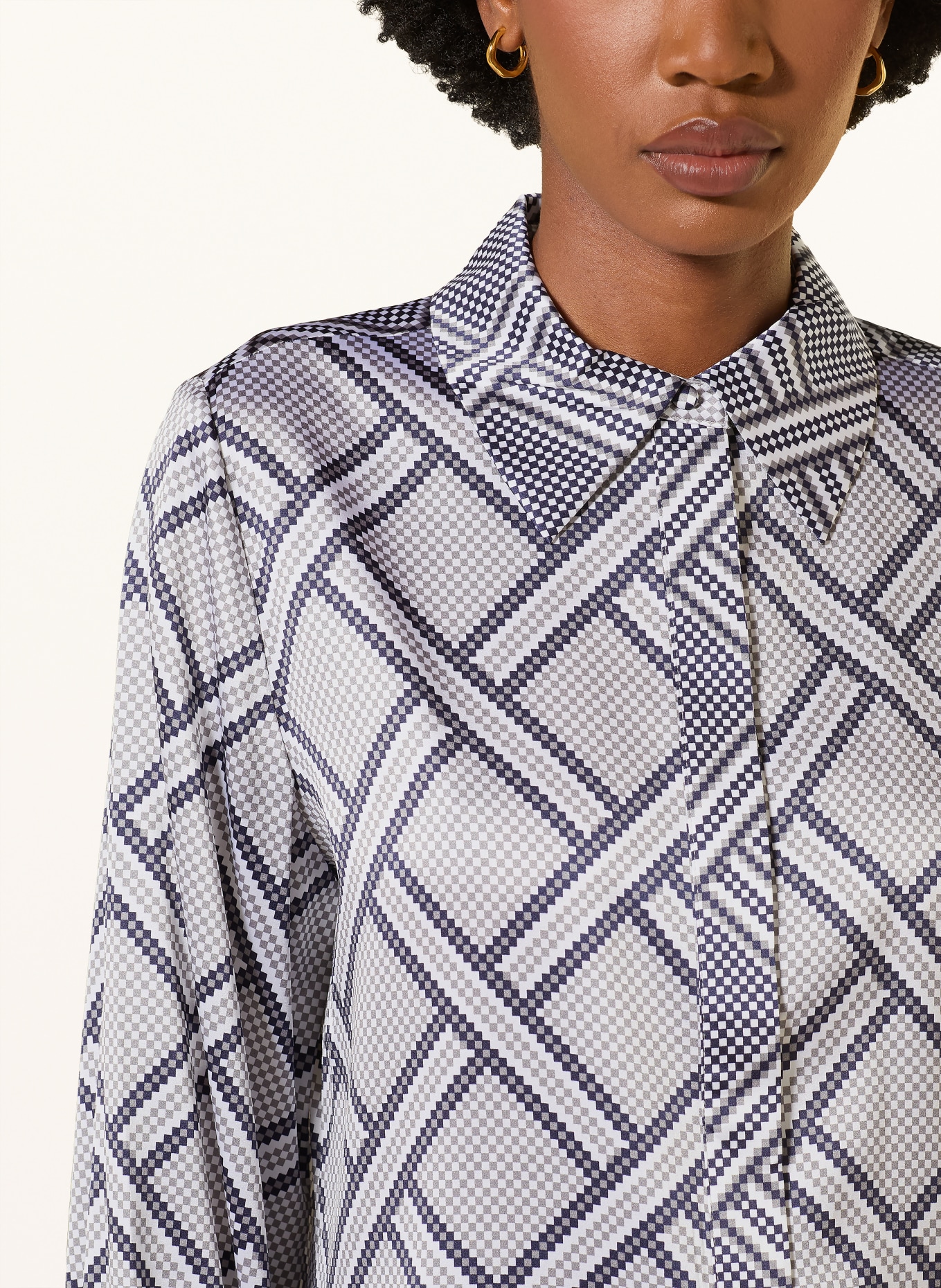 HERZENS Overhemdblouse met zijde: WIT / GRIJS / DONKERBLAUW