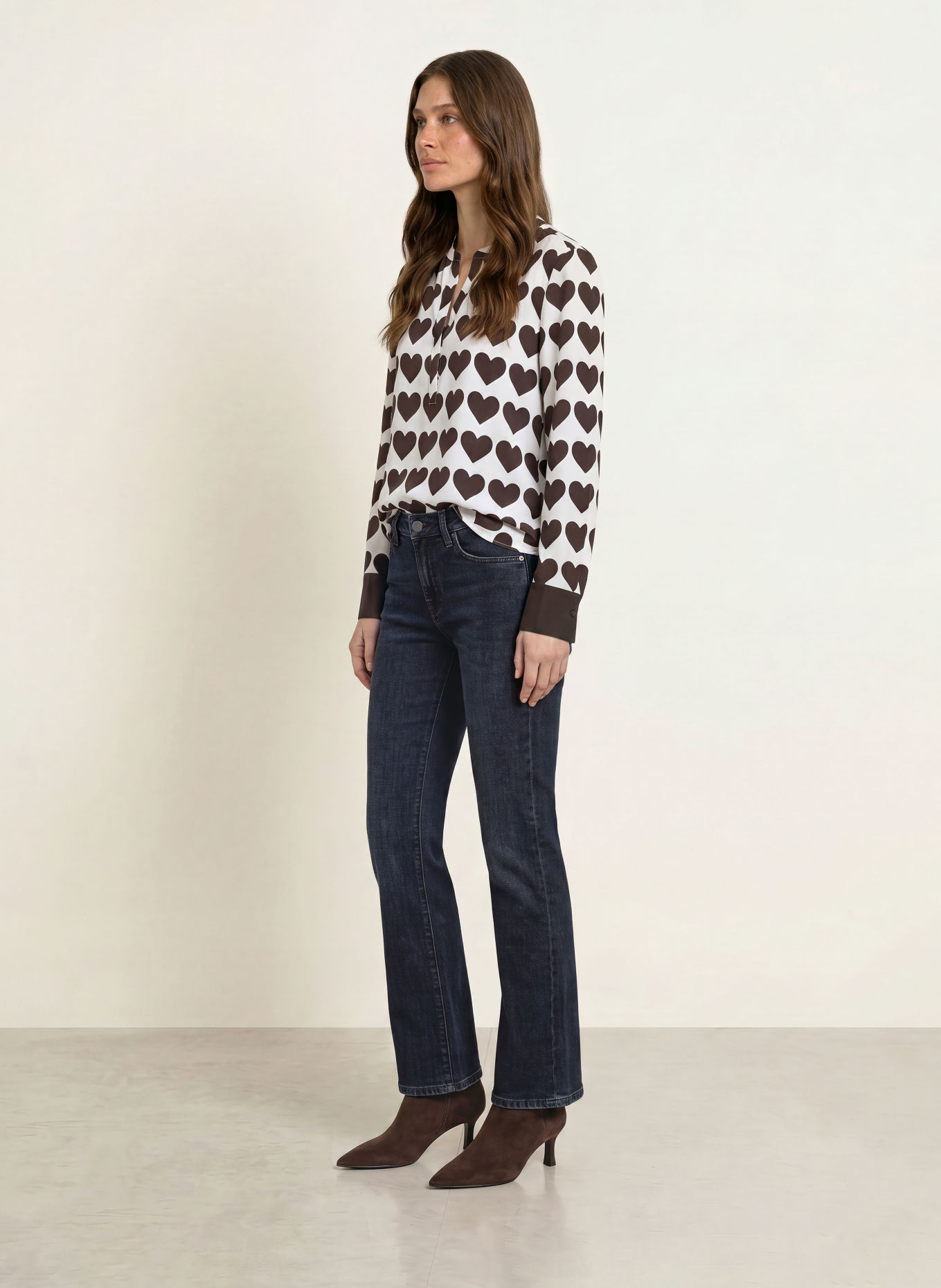 HERZENS Blusenshirt mit Seide: ECRU / DUNKELBRAUN