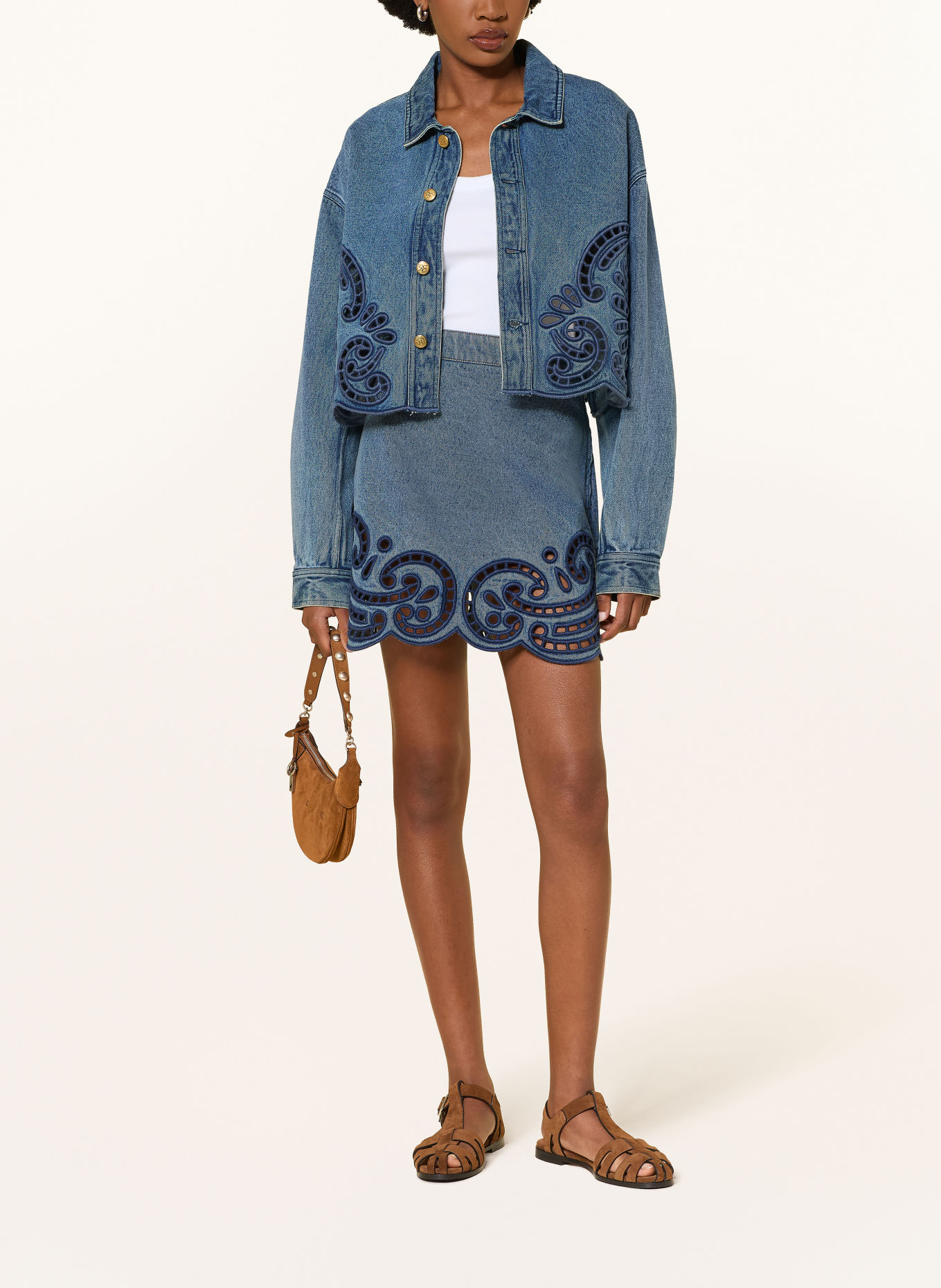 ULLA JOHNSON BOBBI Denim Jacket with Eyelet Lace: BLUE / DARK BLUE