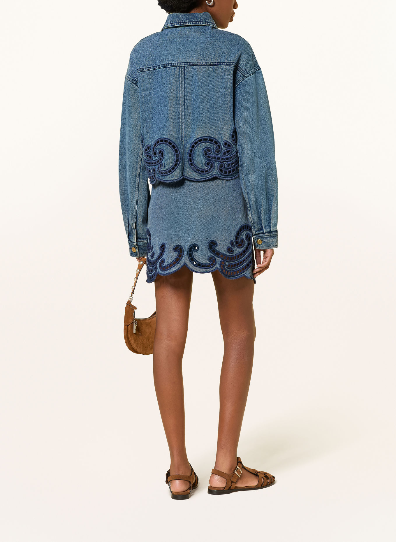 ULLA JOHNSON BOBBI Denim Jacket with Eyelet Lace: BLUE / DARK BLUE