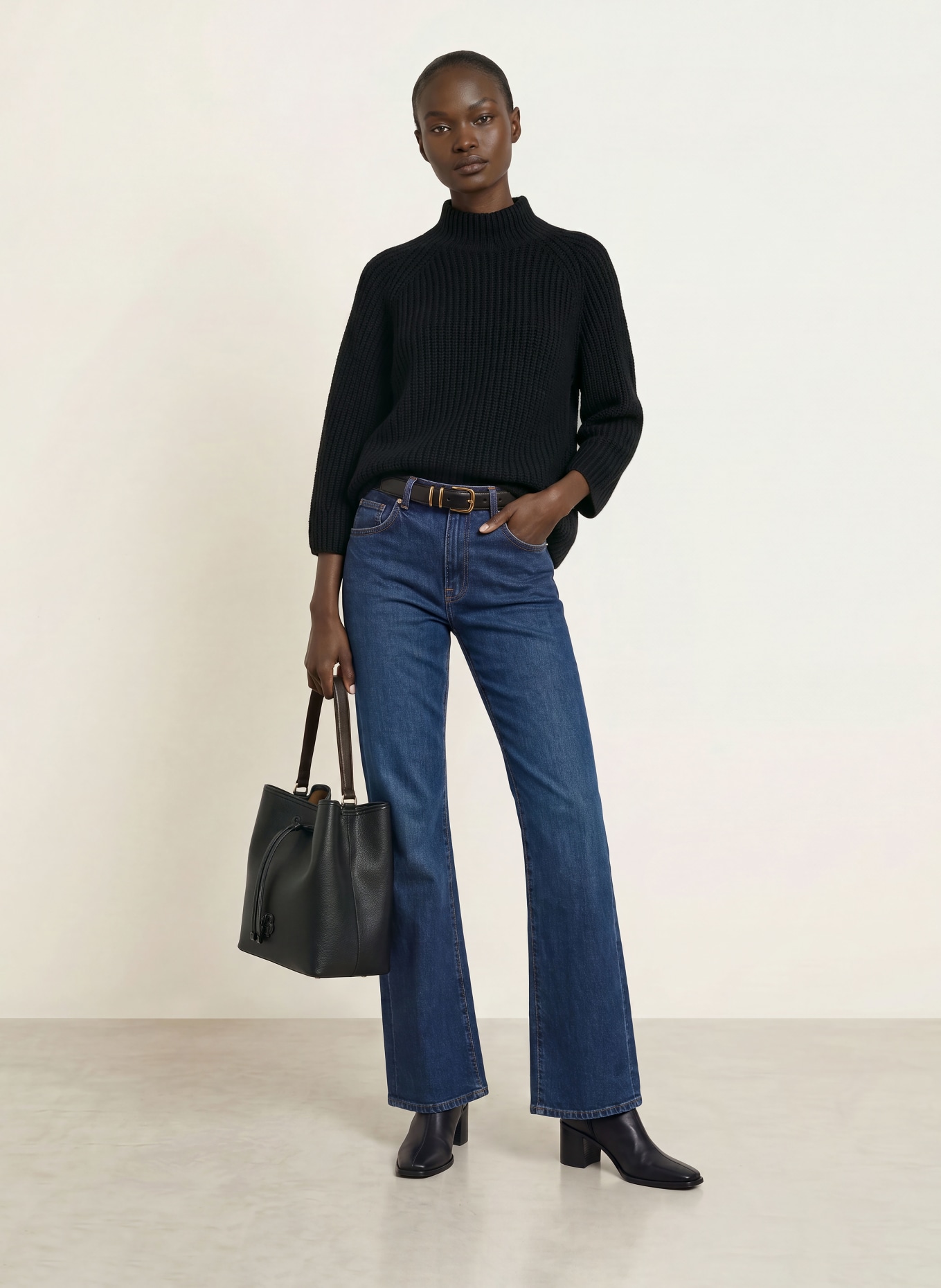 HERZENS 3/4-sleeve sweater with cashmere: BLACK