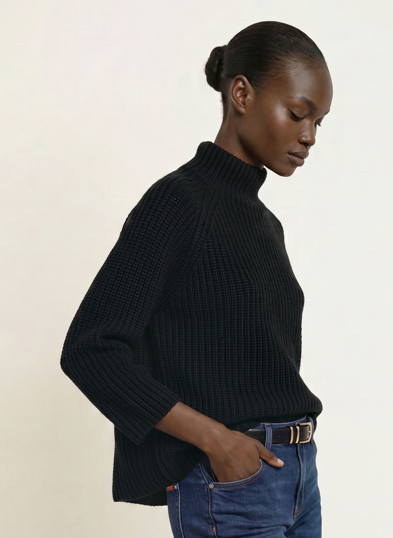 HERZENS 3/4-sleeve sweater with cashmere: BLACK