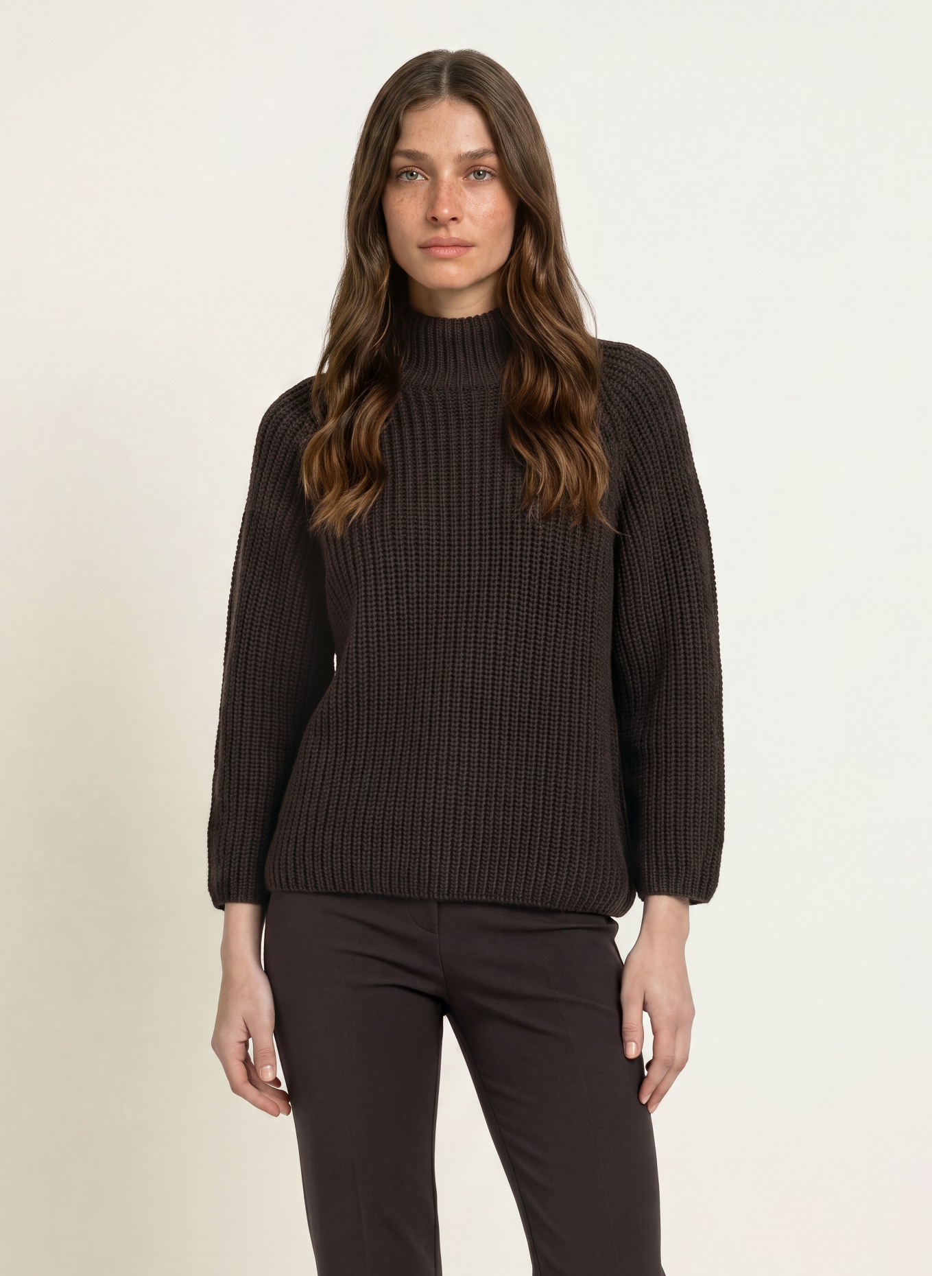 HERZENS 3/4-sleeve sweater with cashmere: DARK BROWN