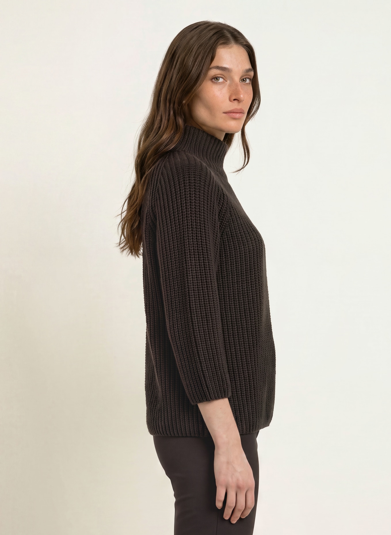 HERZENS 3/4-sleeve sweater with cashmere: DARK BROWN