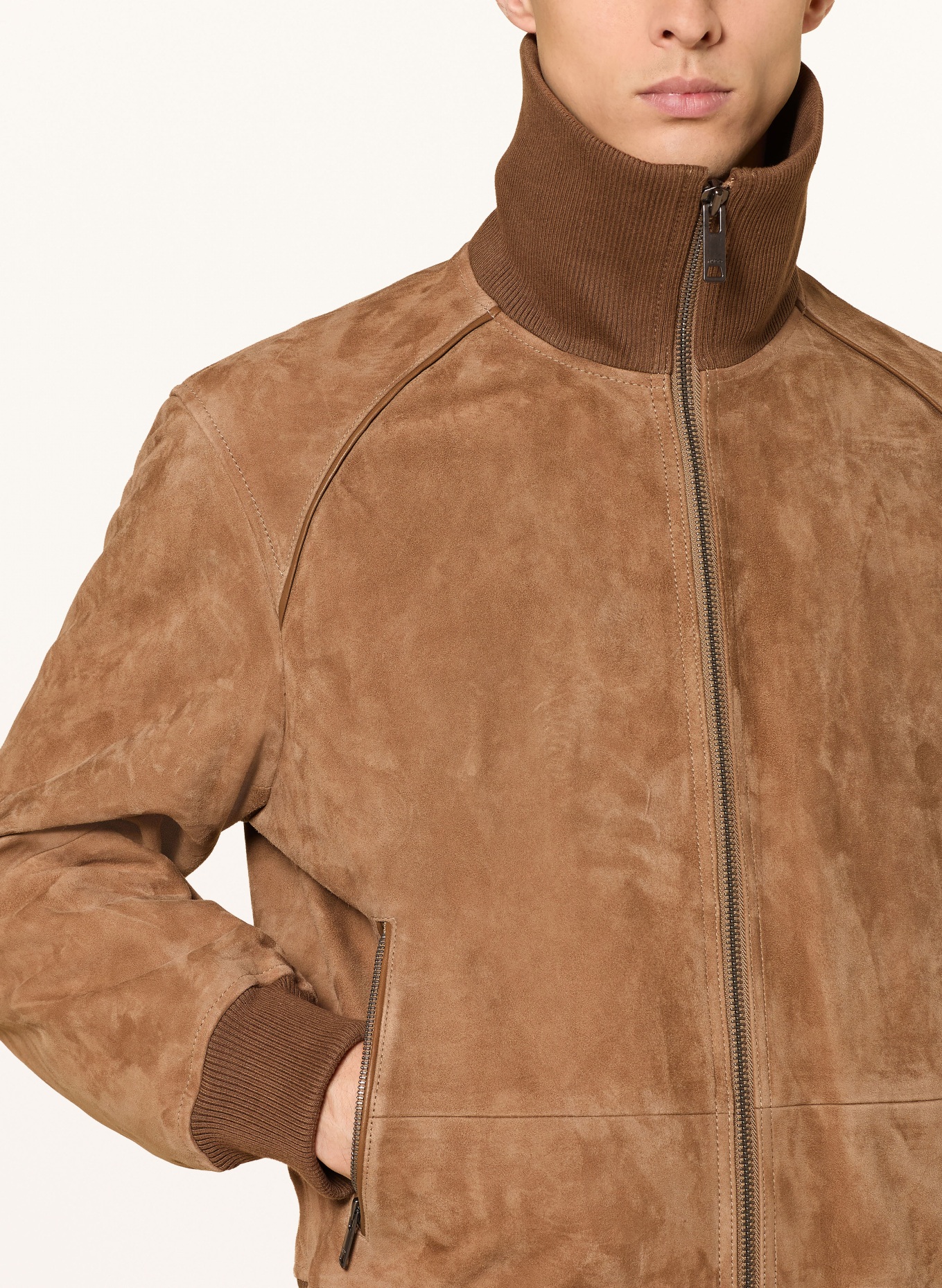 HUGO LAINES Leather Blouson: BEIGE / BROWN