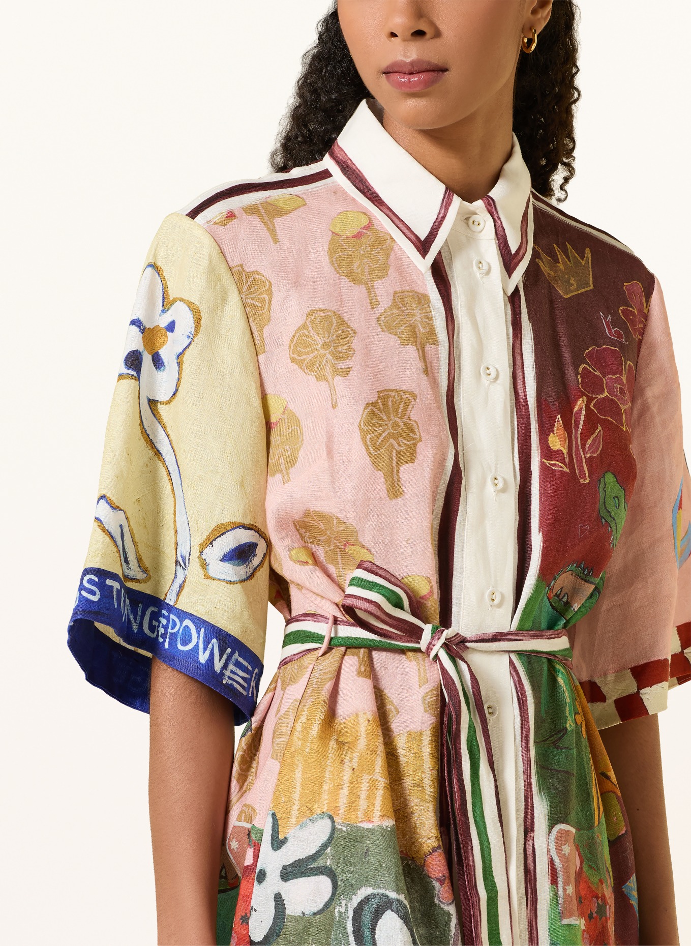 ALÉMAIS Blousejurk TANGIBLE LOVE van linnen: GROEN / ROZE / CRÈME