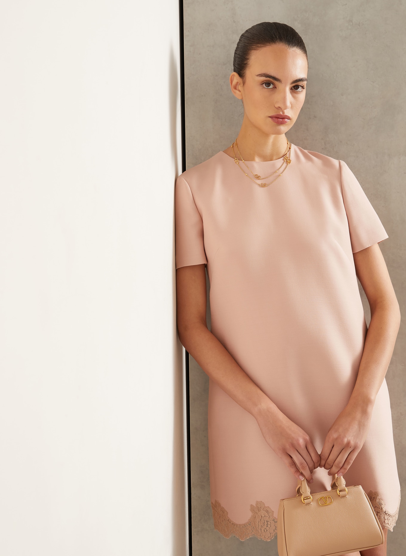 VALENTINO Kleid SOLID mit Seide und Spitze: ROSÉ