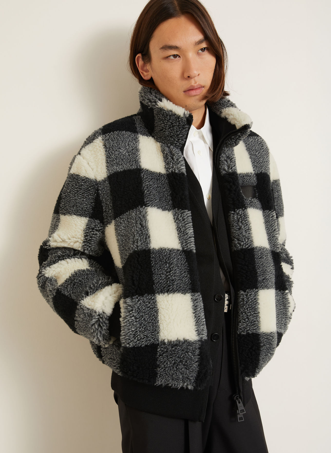 GIVENCHY Teddyfell-Blouson: SCHWARZ / GRAU / WEISS