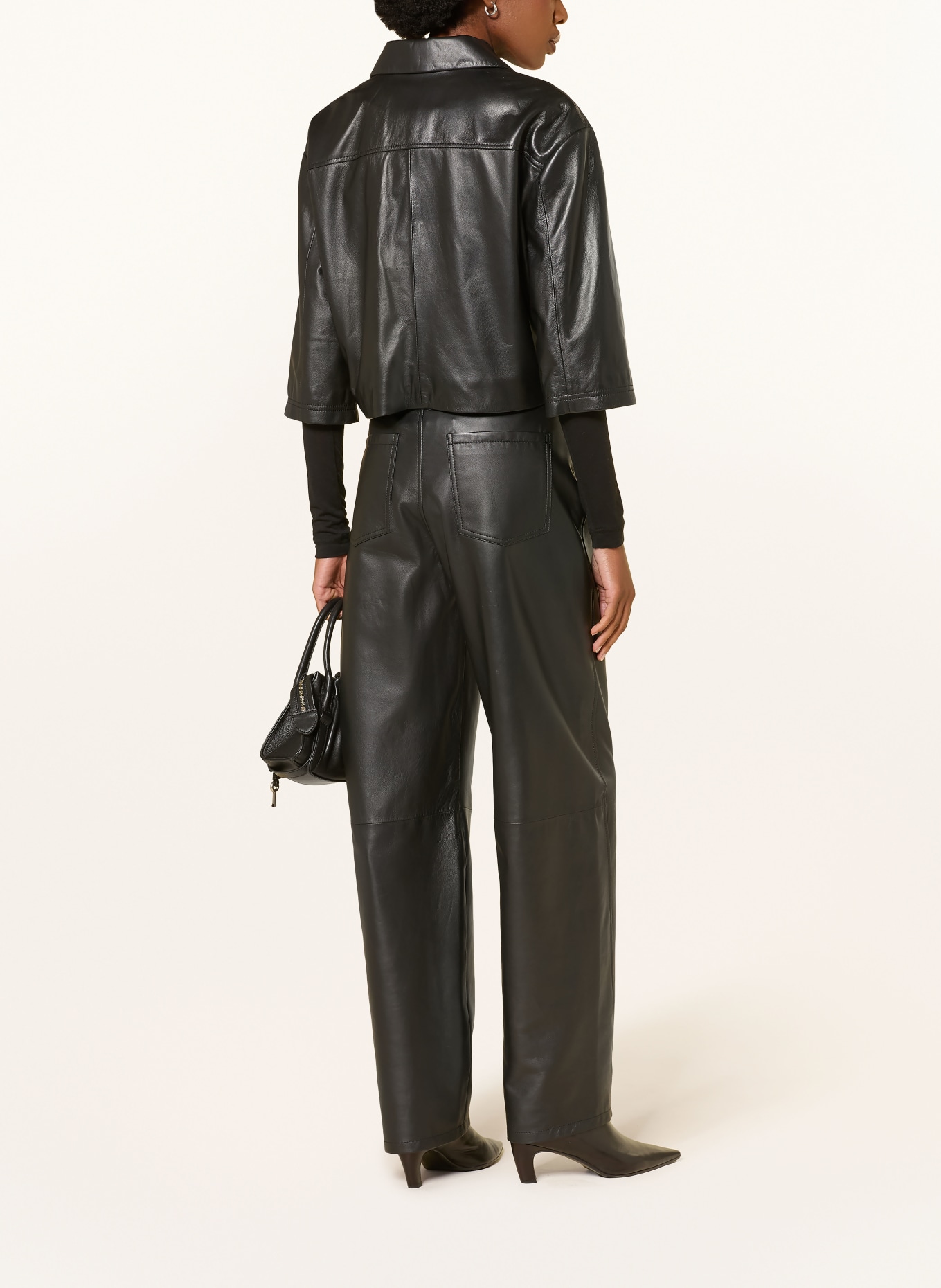 STUDIO AR HOLLIS Leather Jacket with 3/4-Length Sleeves: BLACK