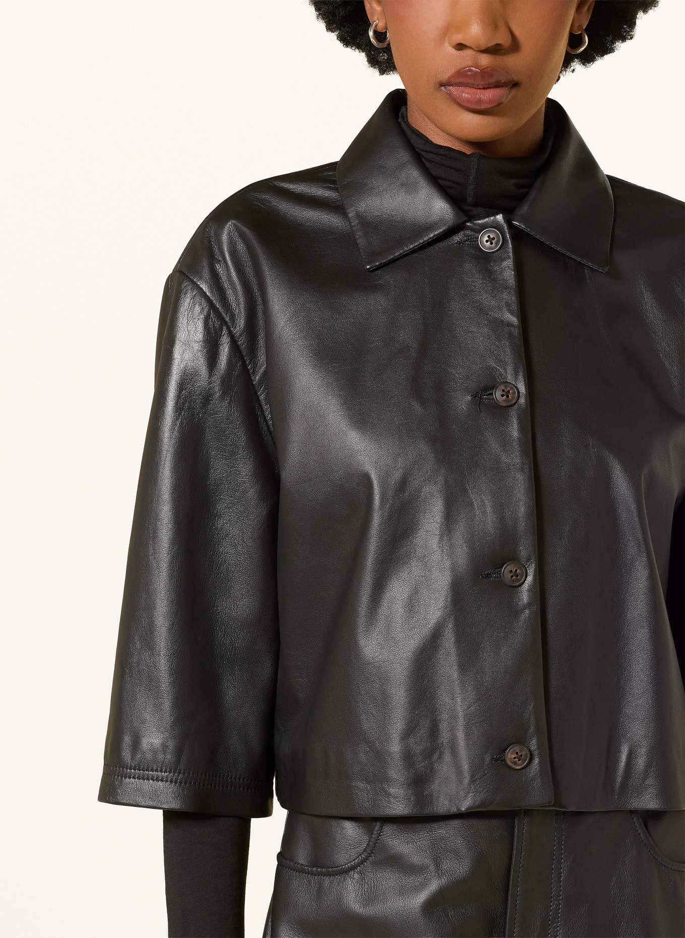 STUDIO AR HOLLIS Leather Jacket with 3/4-Length Sleeves: BLACK