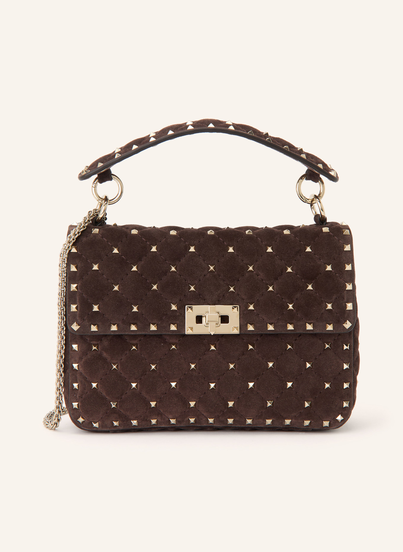 VALENTINO GARAVANI Umhängetasche ROCKSTUD SPIKE MEDIUM mit Nieten: DUNKELBRAUN / GOLD