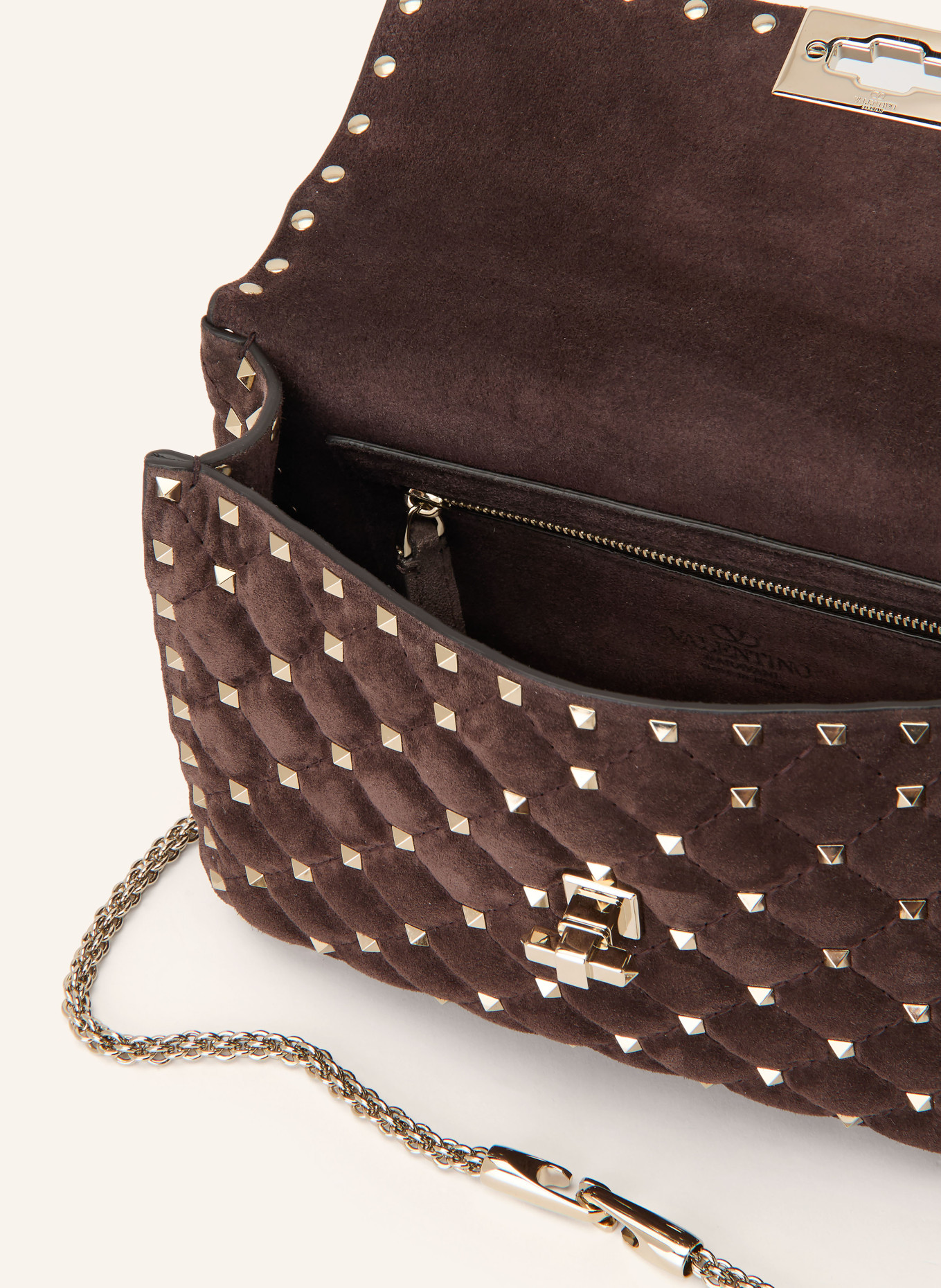 VALENTINO GARAVANI Umhängetasche ROCKSTUD SPIKE MEDIUM mit Nieten: DUNKELBRAUN / GOLD