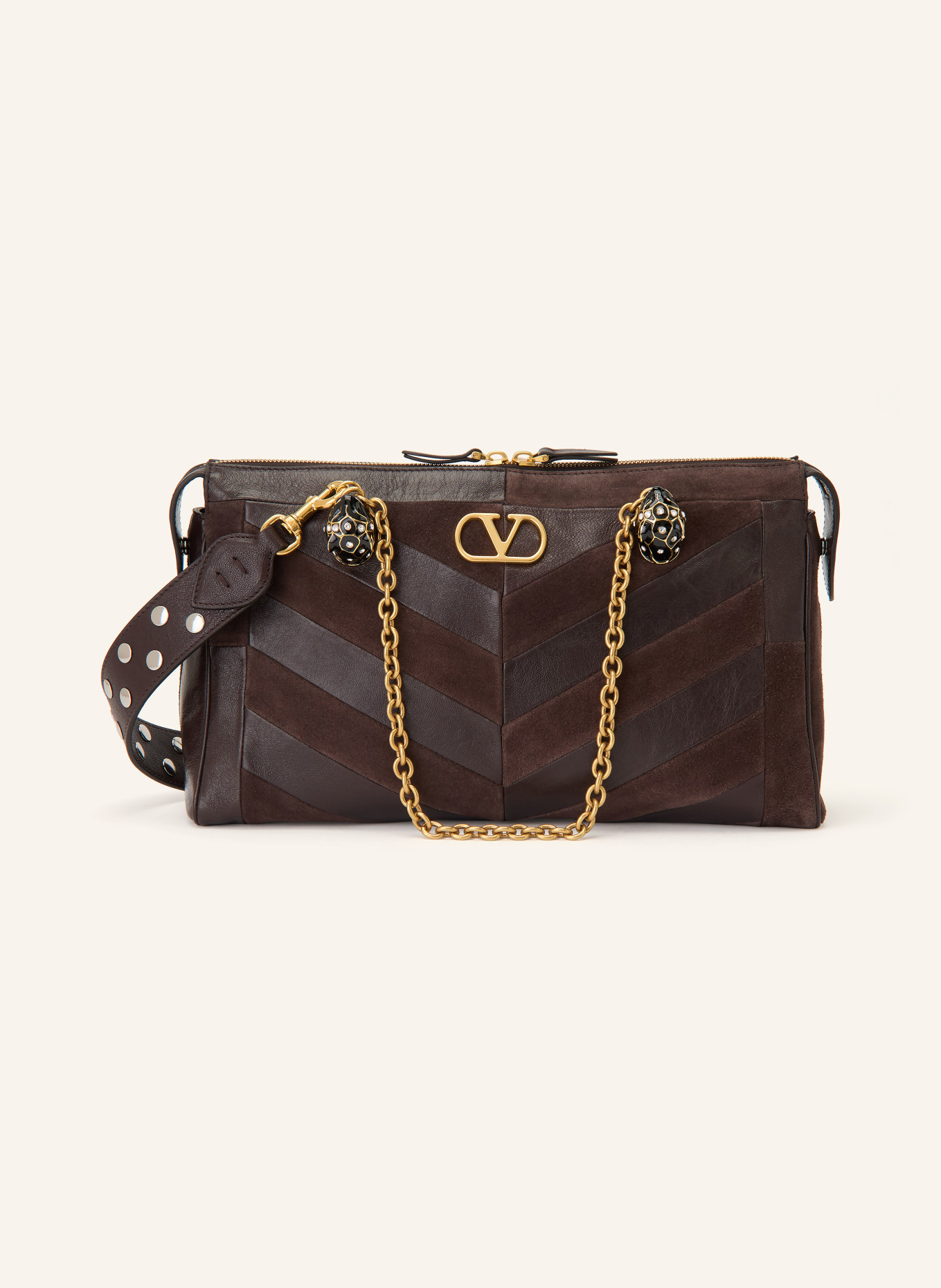 VALENTINO GARAVANI PANTHEA Handbag with Rhinestones: DARK BROWN / GOLD / BROWN