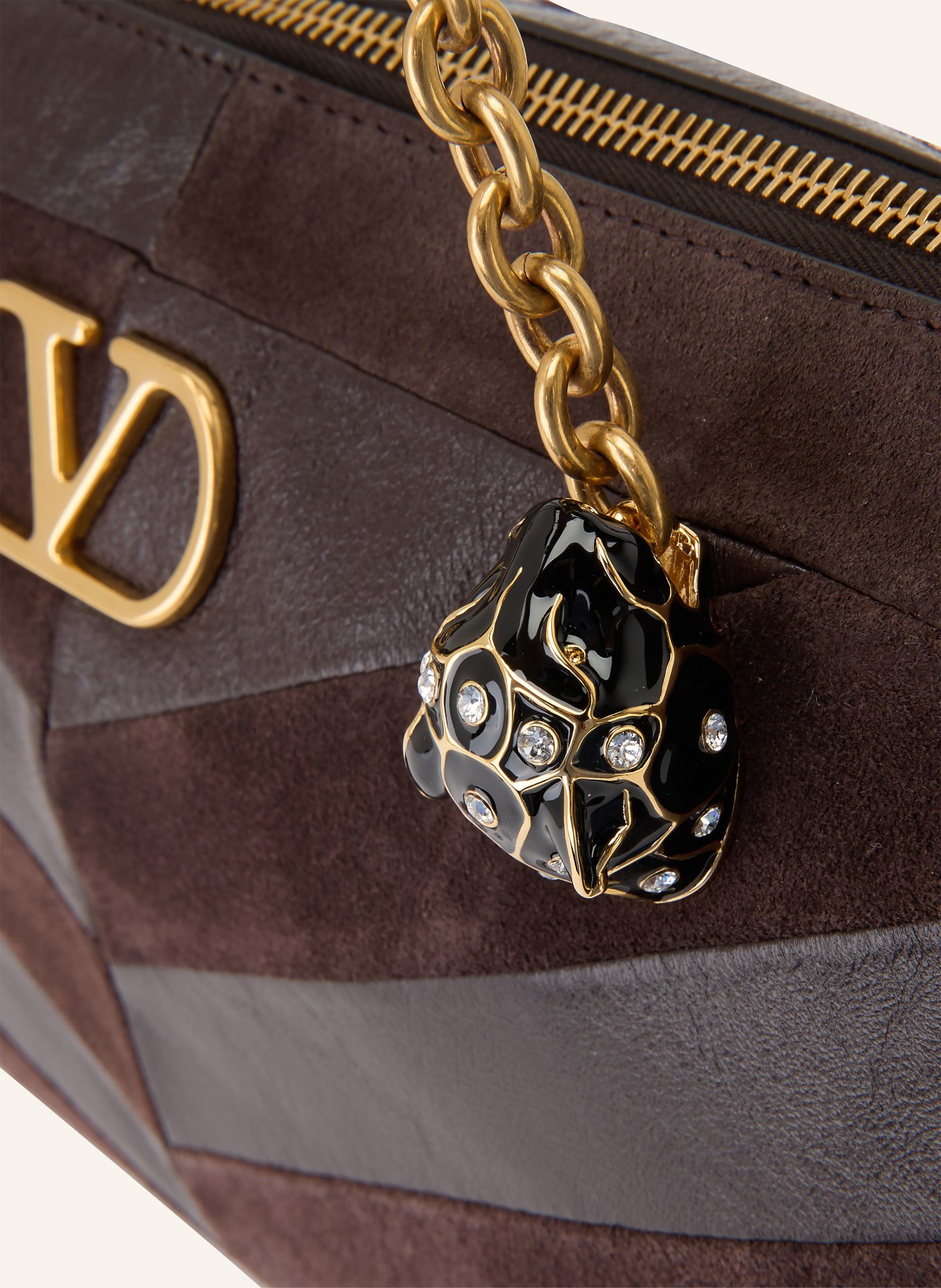 VALENTINO GARAVANI PANTHEA Handbag with Rhinestones: DARK BROWN / GOLD / BROWN