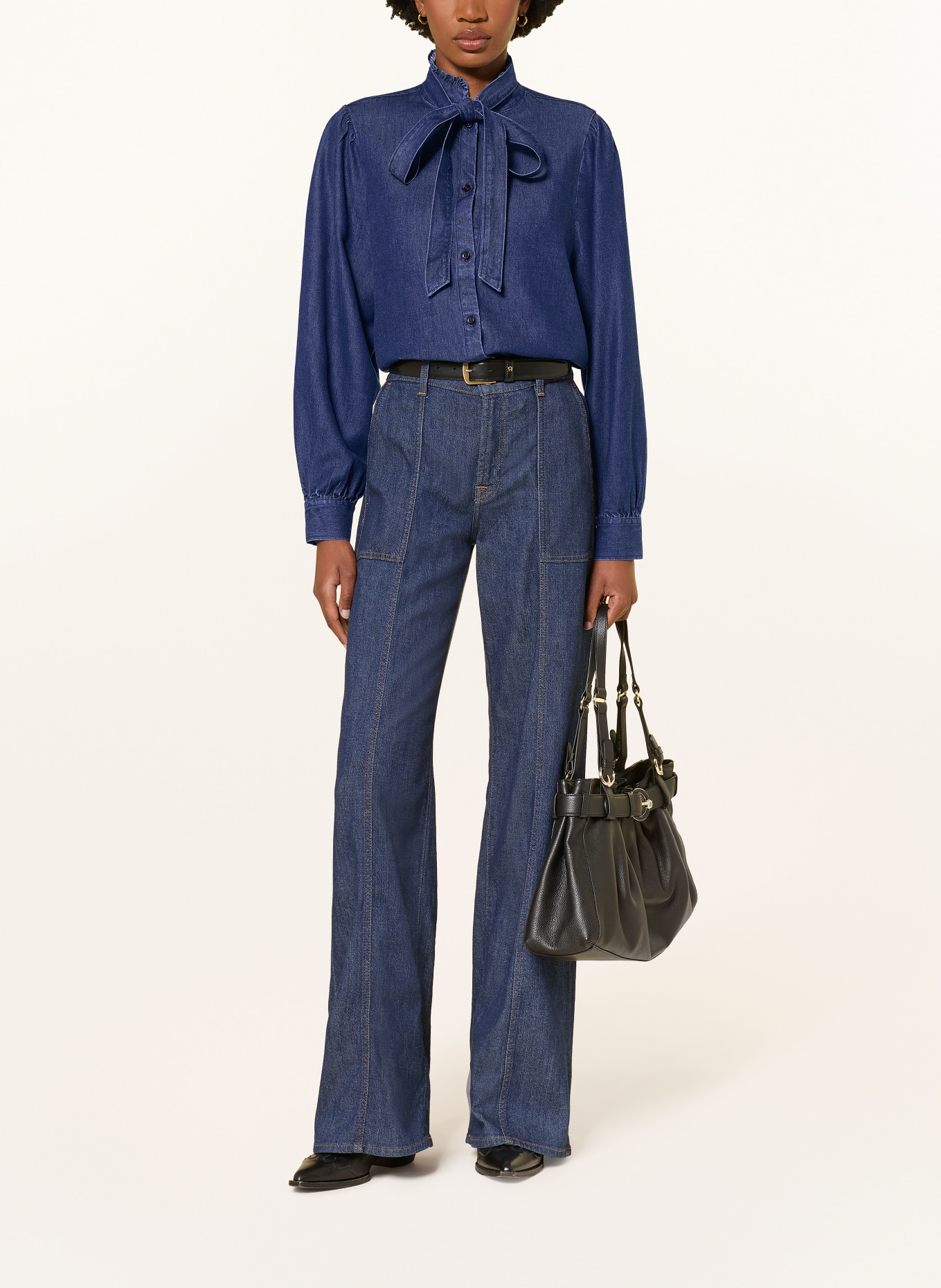 Soluzione Strikblouse met strik in jeanslook: DONKERBLAUW