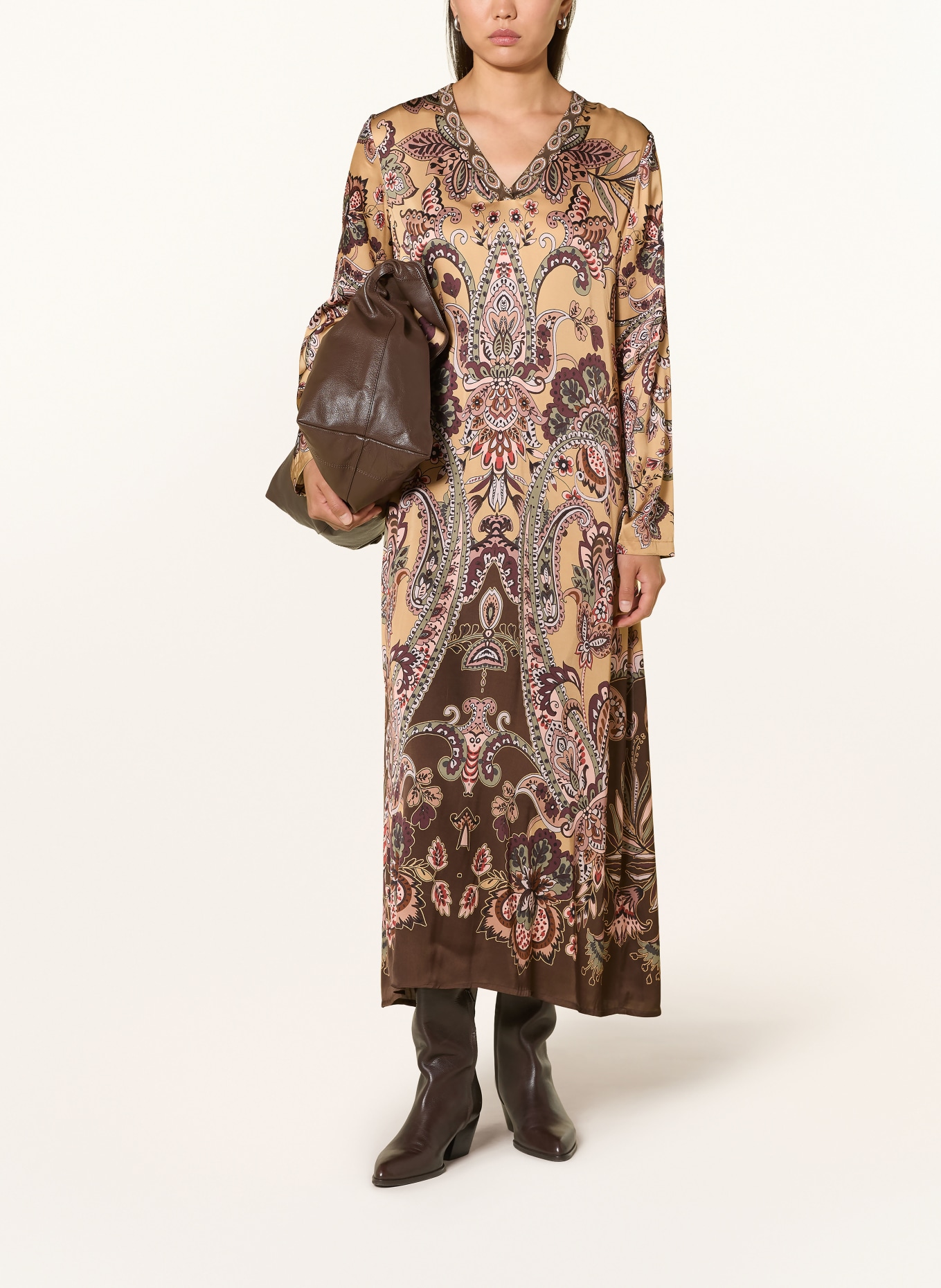 Grace ELLIE Satin Dress: CAMEL / DARK BROWN / PINK