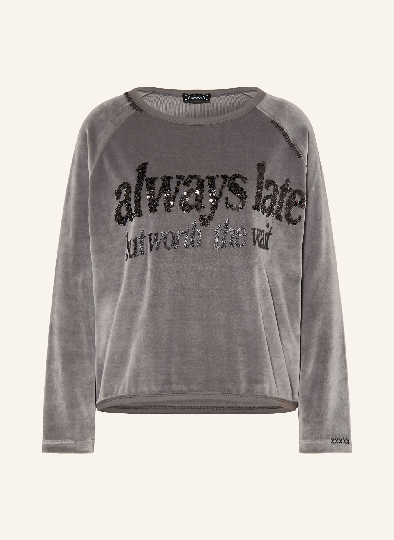 Grace Nickishirt ALWAYS LATE met pailletten: DONKERGRIJS / ZWART