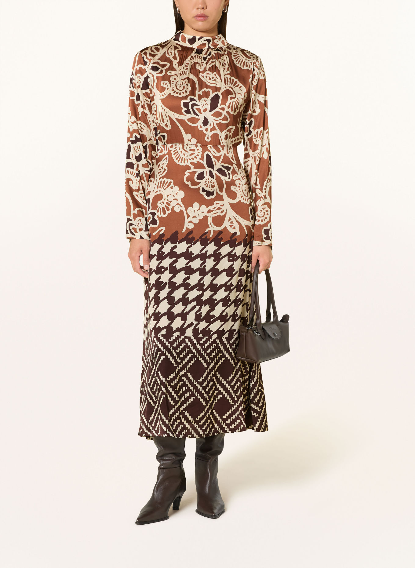 Grace Satijnen jurk FLORA: BRUIN / MARRON FONCÉ / ECRU
