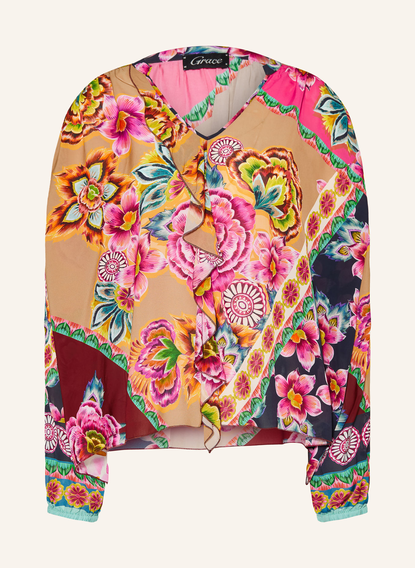 Grace Blusenshirt FLOWERS mit Volants: BEIGE / PINK / DUNKELBLAU
