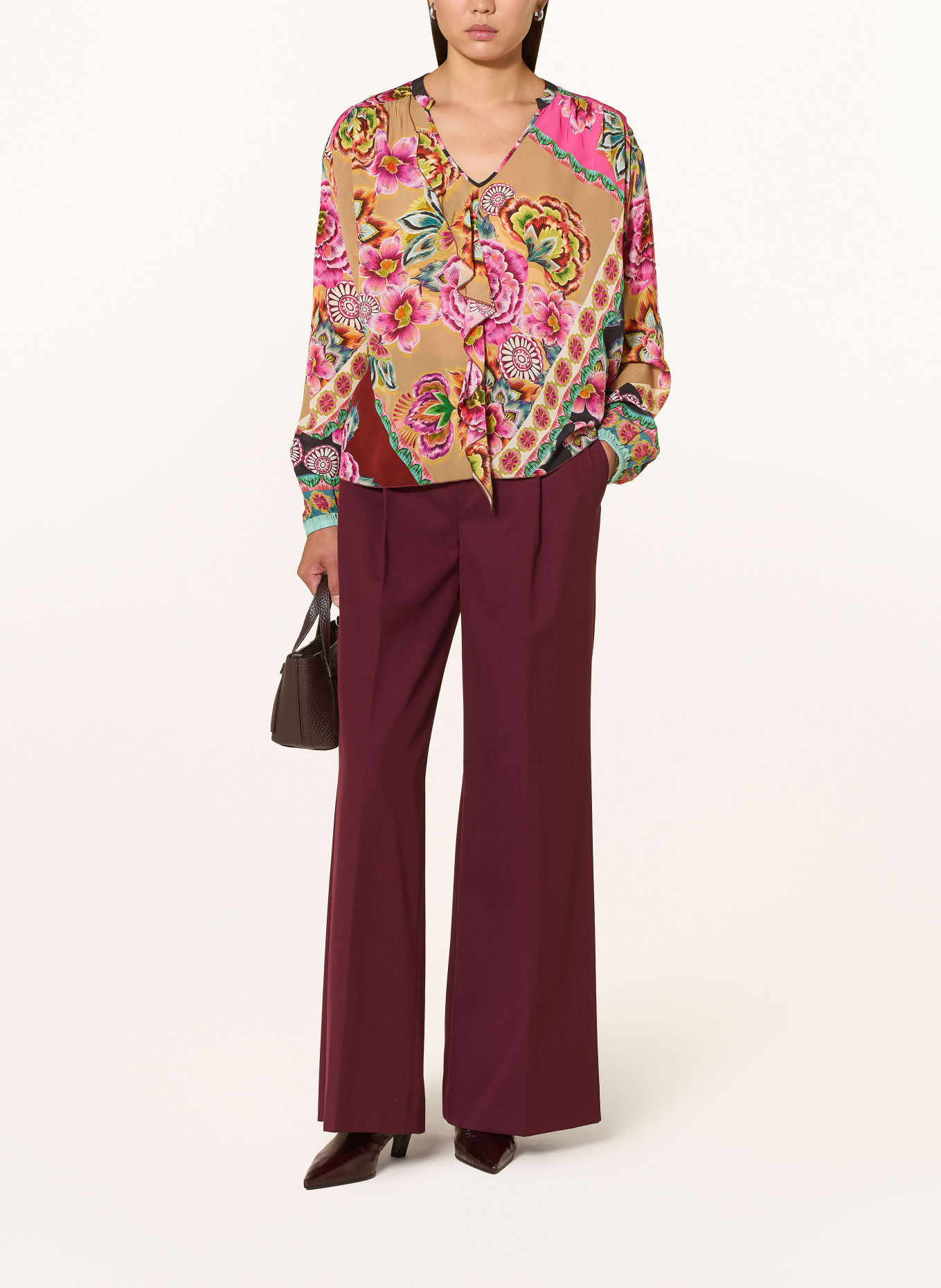 Grace Blusenshirt FLOWERS mit Volants: BEIGE / PINK / DUNKELBLAU