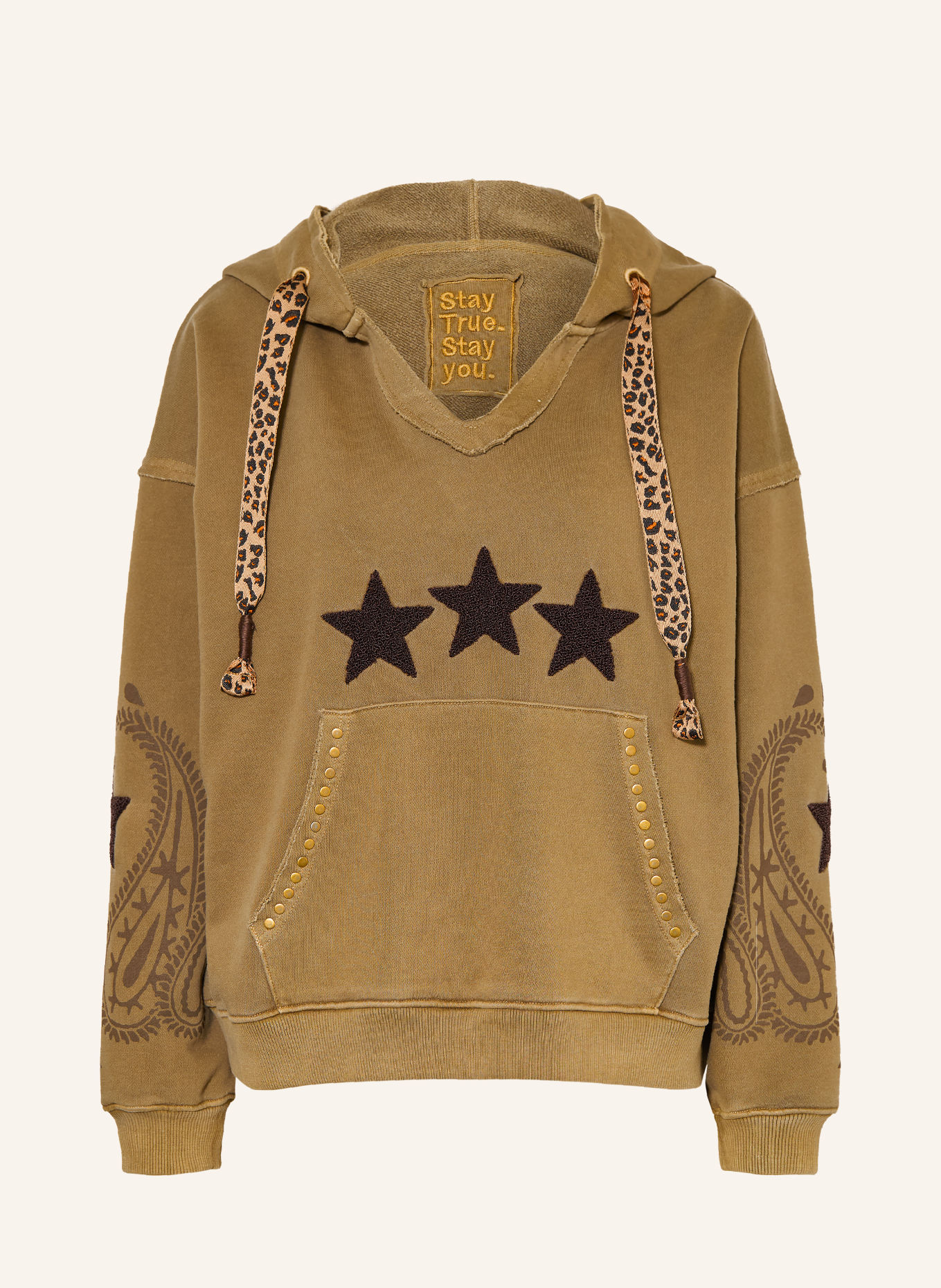Grace Hoodie met studs: OLIJF / GOUD / MARRON FONCÉ