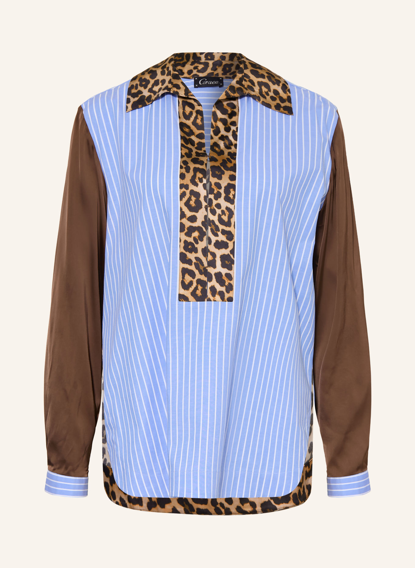 Grace Blouseshirt van gemengde stoffen: LICHTBLAUW / MARRON FONCÉ / WIT