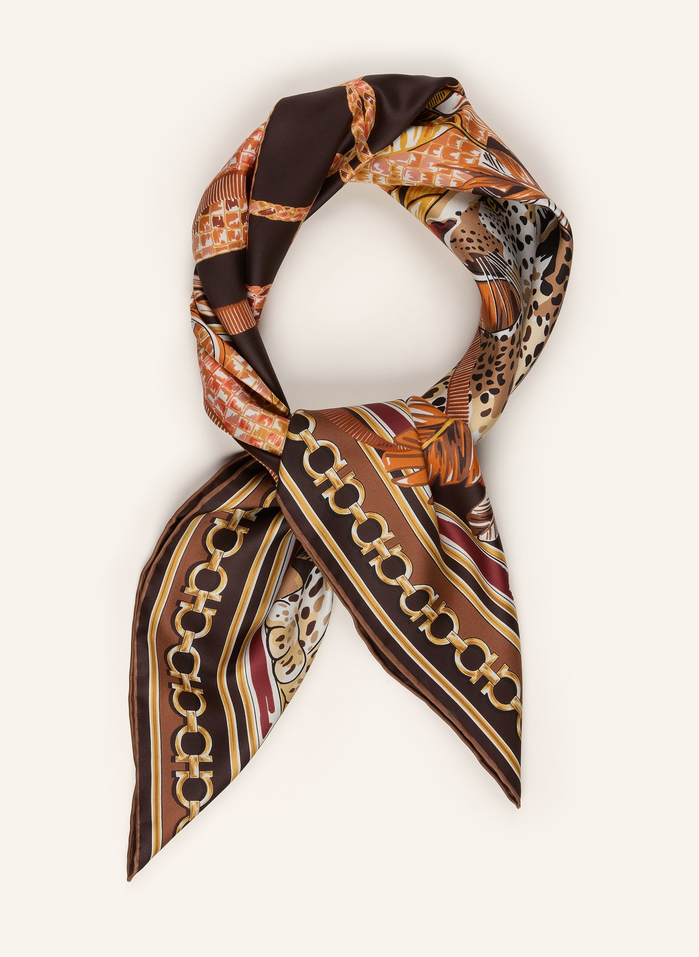 FERRAGAMO Silk scarf: DARK BROWN / GOLD / LIGHT BROWN