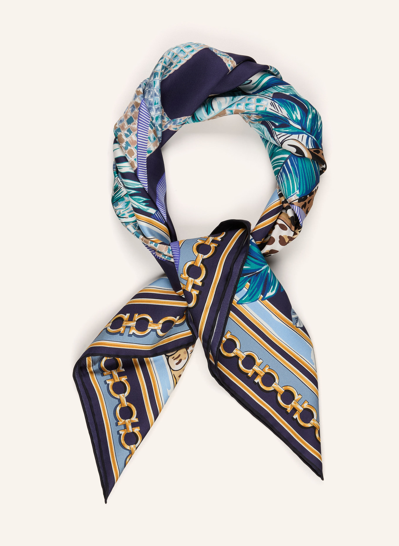 FERRAGAMO Silk scarf: DARK BLUE / GOLD / LIGHT BROWN