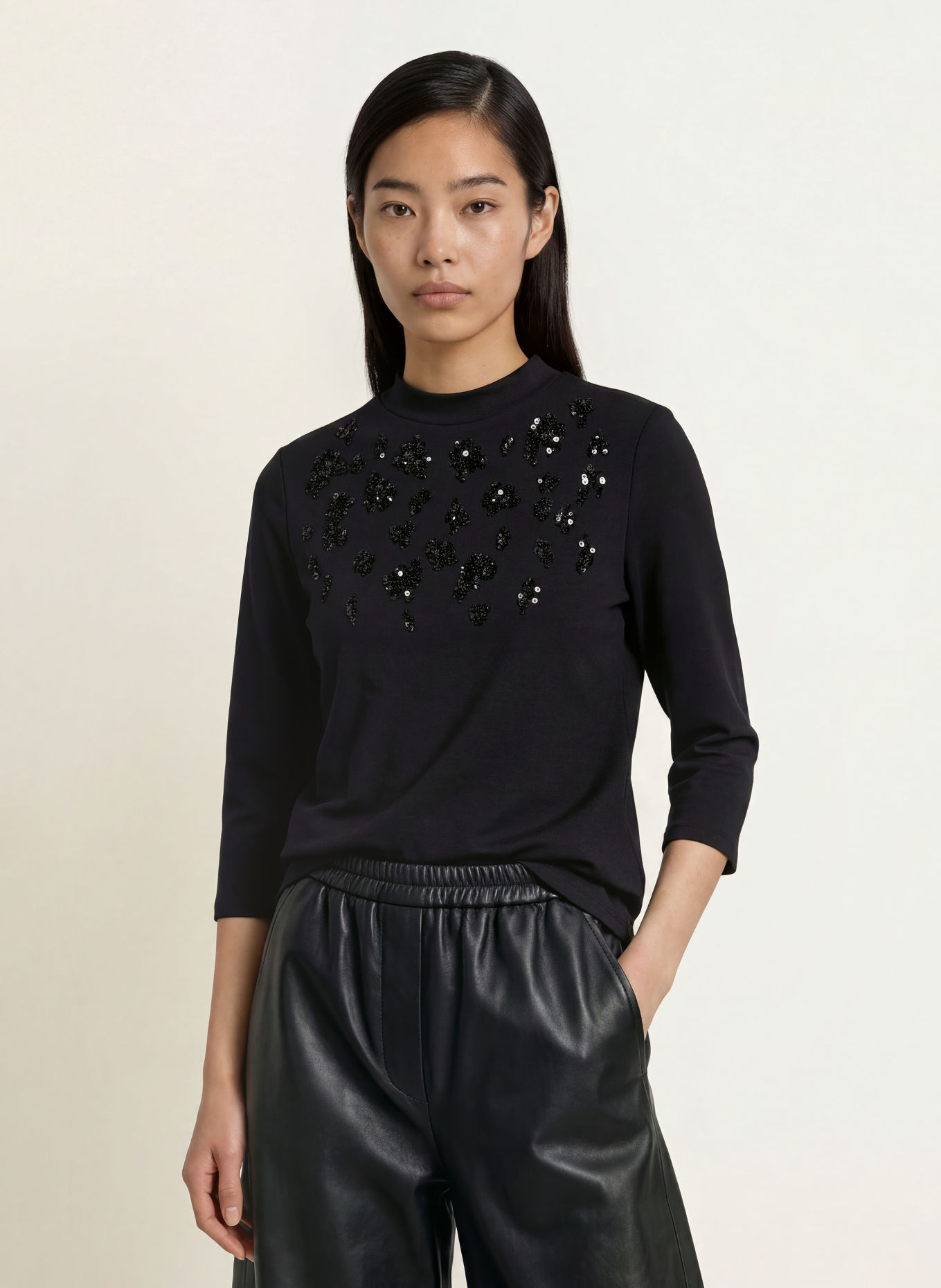 s.Oliver BLACK LABEL Shirt mit 3/4-Arm und Pailletten: SCHWARZ