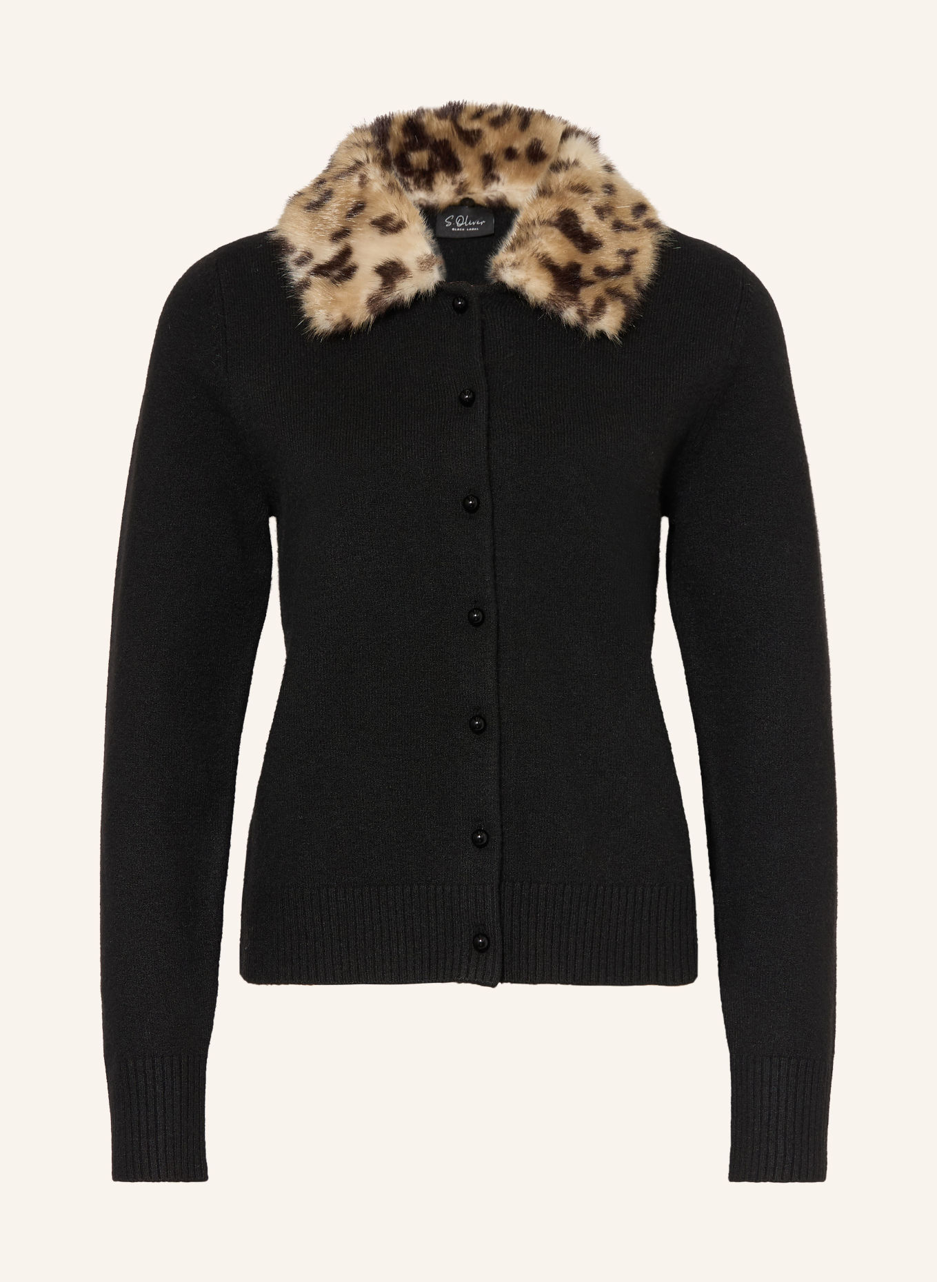 s.Oliver BLACK LABEL Strickjacke mit abnehmbarem Kunstfell-Kragen: SCHWARZ / DUNKELBRAUN / BEIGE