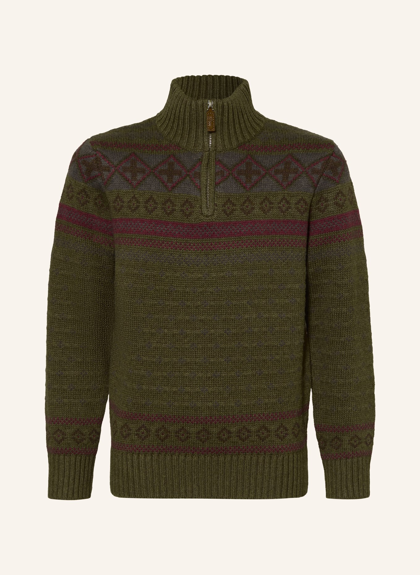 POLO RALPH LAUREN Pull col zippé: OLIVE / ROUGE FONCÉ / GROEN