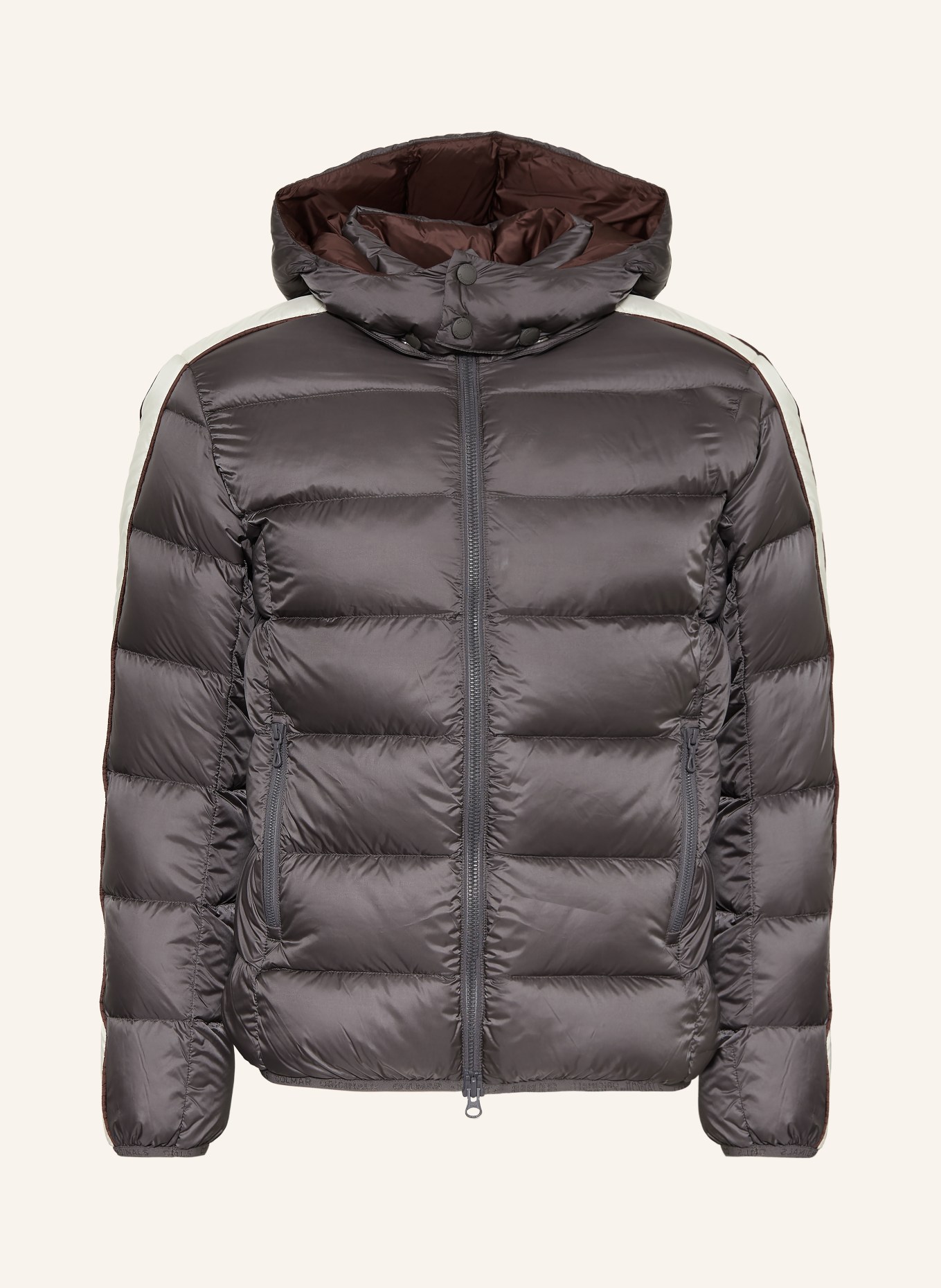 COLMAR Daunenjacke mit abnehmbarer Kapuze: DUNKELGRAU / ECRU / DUNKELROT
