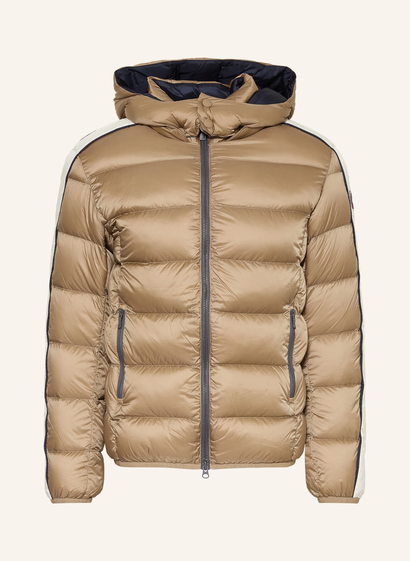 COLMAR Daunenjacke mit abnehmbarer Kapuze: HELLBRAUN / ECRU / DUNKELBLAU