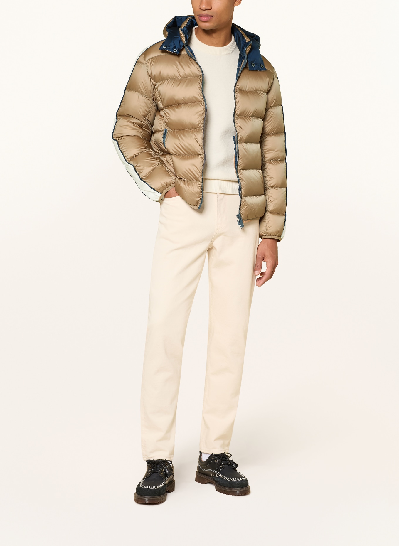 COLMAR Daunenjacke mit abnehmbarer Kapuze: HELLBRAUN / ECRU / DUNKELBLAU