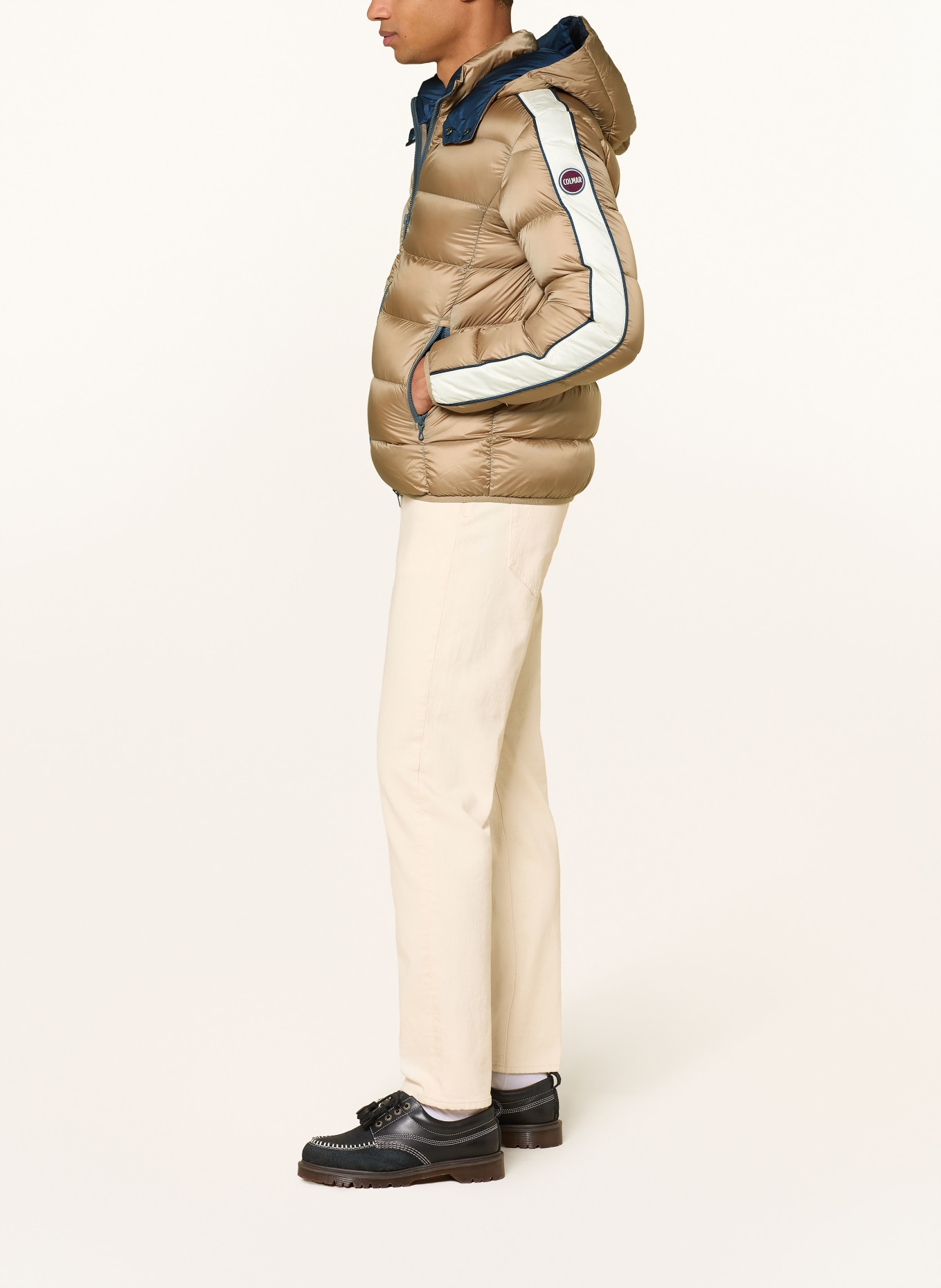 COLMAR Daunenjacke mit abnehmbarer Kapuze: HELLBRAUN / ECRU / DUNKELBLAU