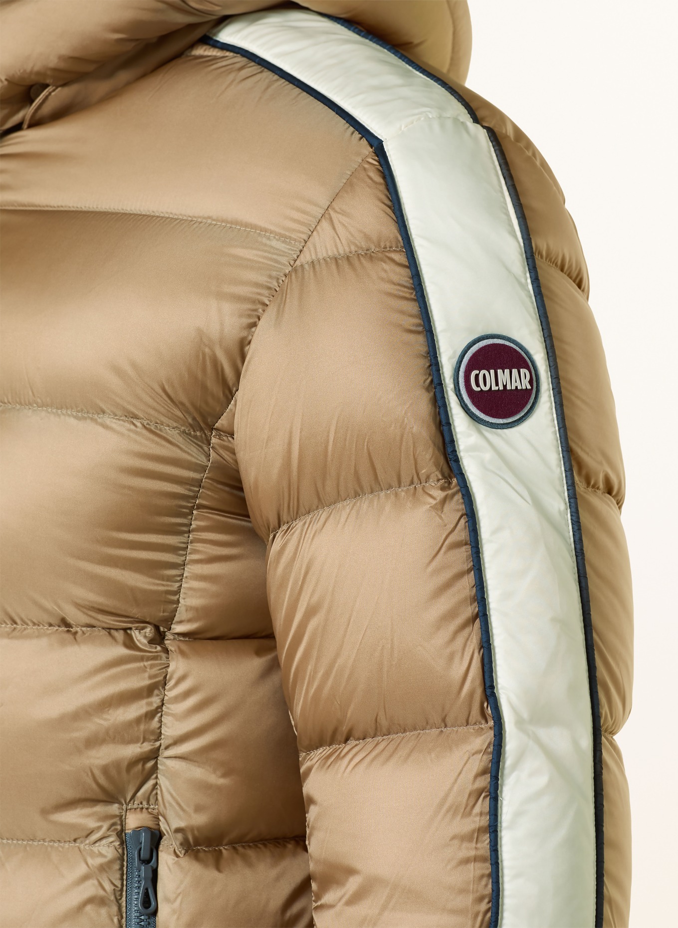 COLMAR Daunenjacke mit abnehmbarer Kapuze: HELLBRAUN / ECRU / DUNKELBLAU