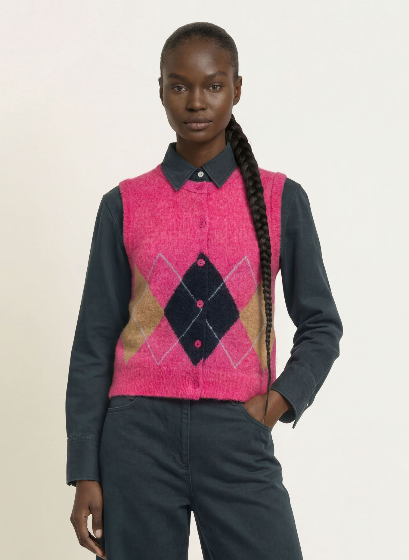 SAMSØE SAMSØE Gebreid vest SANOURA met alpaca en merinowol: ROZE / BEIGE / DONKERBLAUW