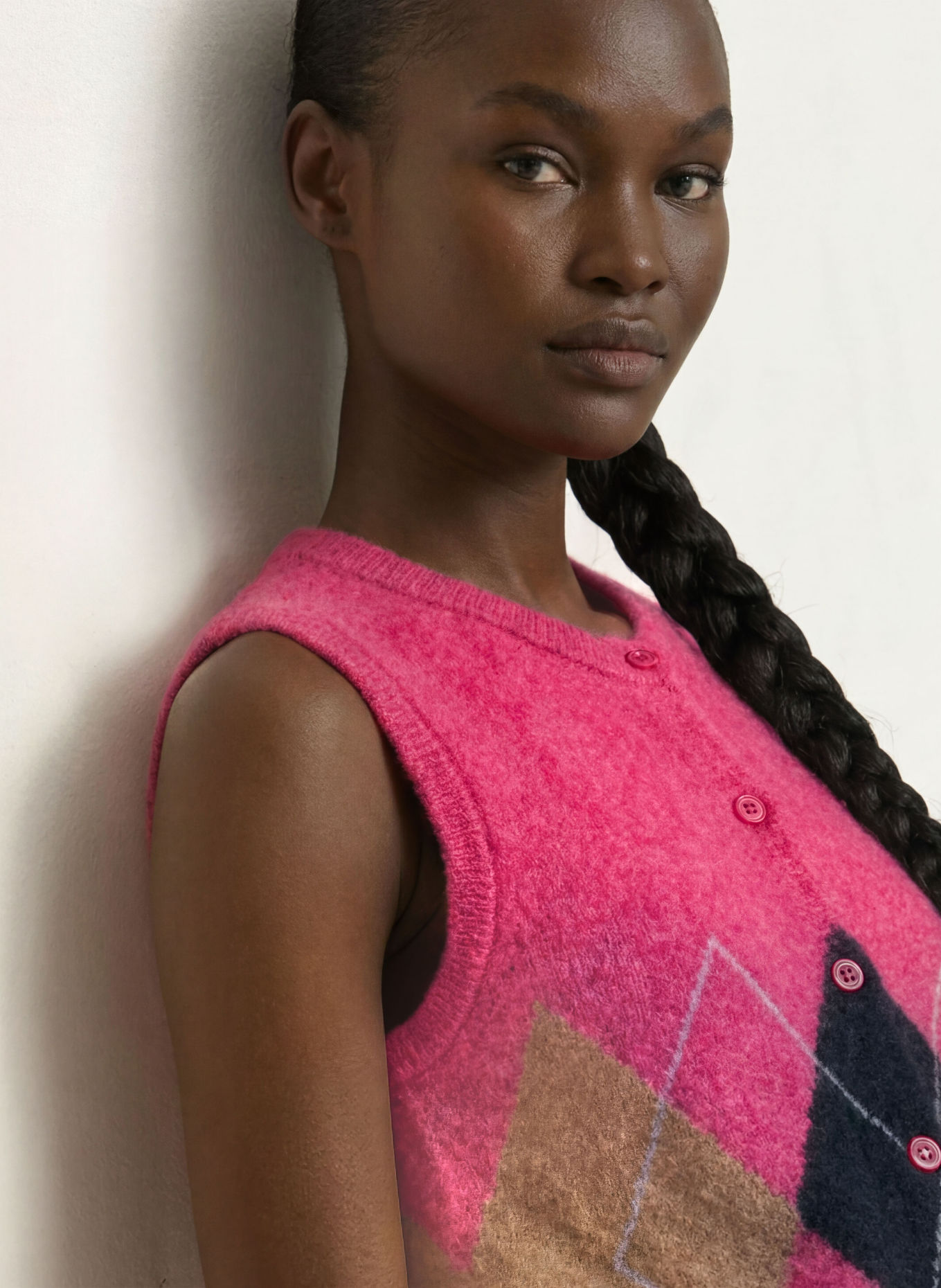 SAMSØE SAMSØE Gebreid vest SANOURA met alpaca en merinowol: ROZE / BEIGE / DONKERBLAUW